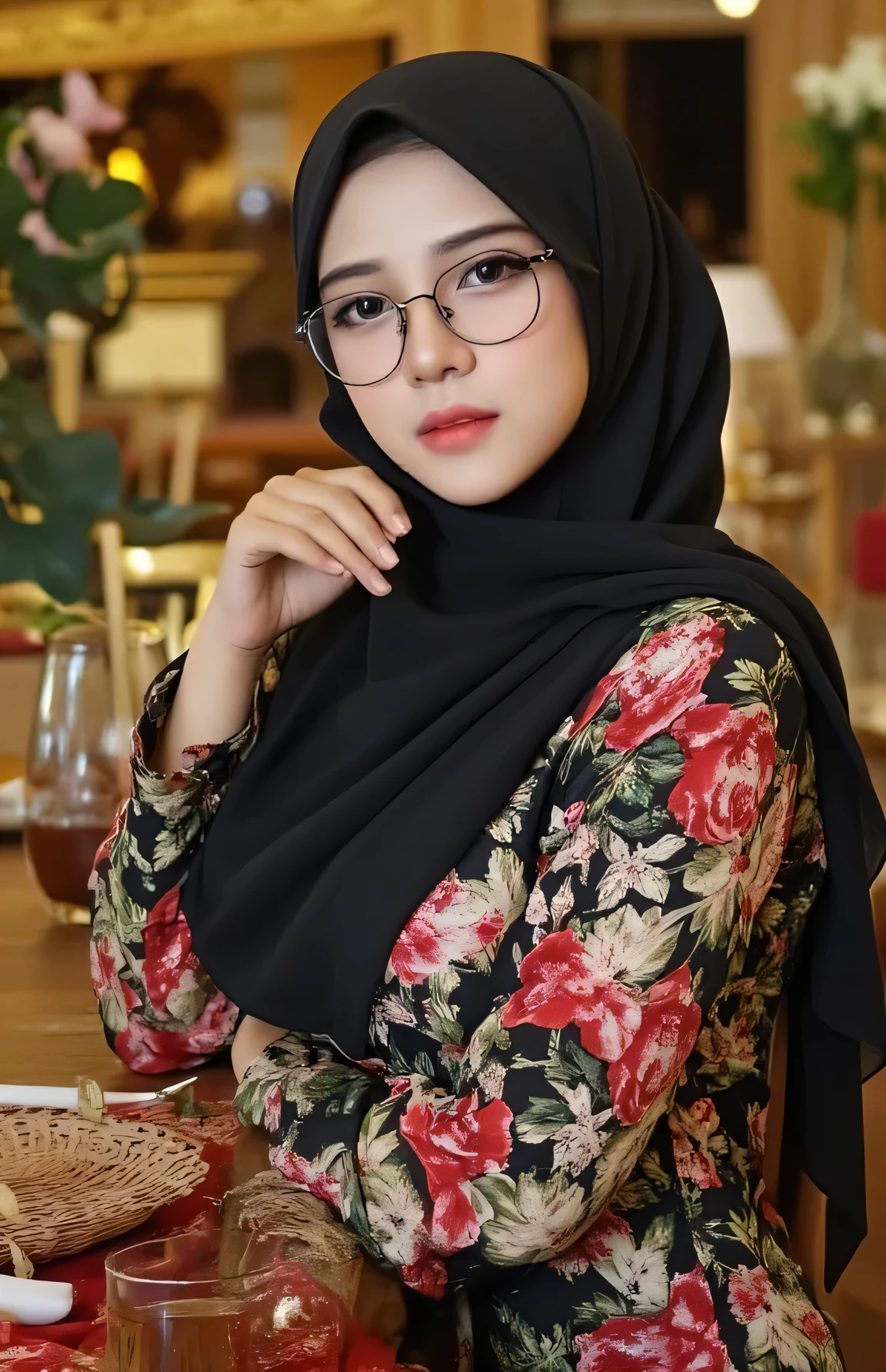 (Masterpiece: 1.2, Best Quality), Realistic, (Realistic Picture, Complex Details, Depth of Field), Best Quality, Masterpiece, Highly Detailed, Realistic, 1 adult girl, indonesian wife, 23 Years Old, , chest forward, huge breasts, thin lips, beautiful and seductive, sexy body, wearing a Muslim hijab, wearing kebaya, full body view, look at viewer, full photo, thin round circle glasess, sitting at the banquet, indonesian wedding, wedding venue background, indonesian, (no watermark)
