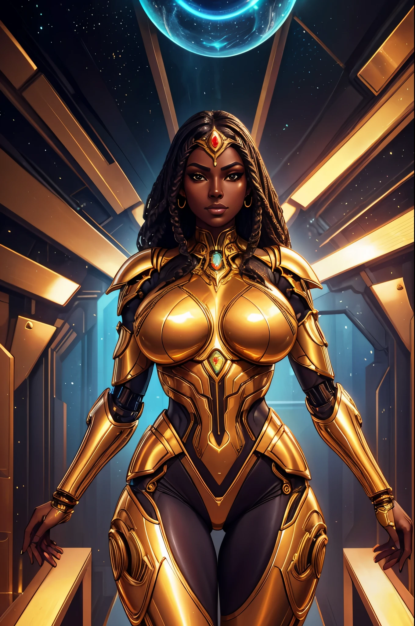 Giant black goddess hovering in the universe wearing golden with golden gears bust. The Goddess is surrounded by a sphere made of golden particles. The image shines with a shimmering, powerful light. 