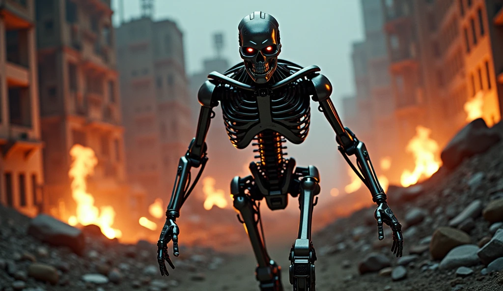 <lora:HornyfierXL:1>Hornyfier skeleton man walking forward with explosion behind him, science fiction industrial hard science concept art, 8K render octane high definition cgsociety, photorealistic, unreal engine, (Masterpiece:1.3) (best quality:1.2) (high quality:1.1)