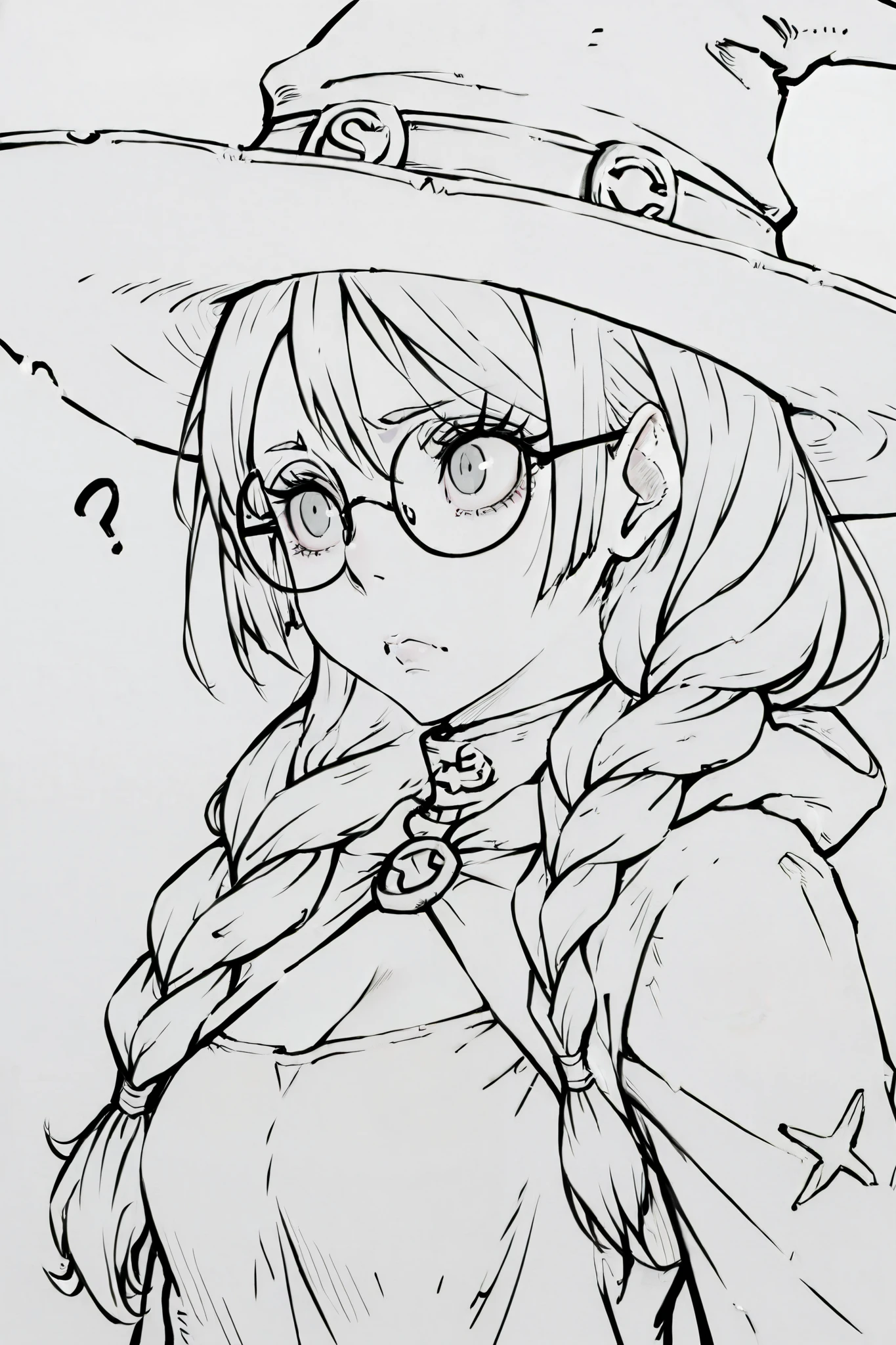 
score_9, score_8_up, score_7_up, score_6_up, score_5_up, score_4_up,  
BREAK
(masterpiece: 1.0), best quality, perfect anatomy, perfect composition, perfection, 
BREAK
line-art, lineart, monchrome, greyscale, masterpiece. kdm style, no color
BREAK
1girl, perplexed expression, round glasses, confused, white hair, long eyelashes, long hair, braid over shoulder, witch hat, witch dress, Cute, grey eyes, defined eyelashes 