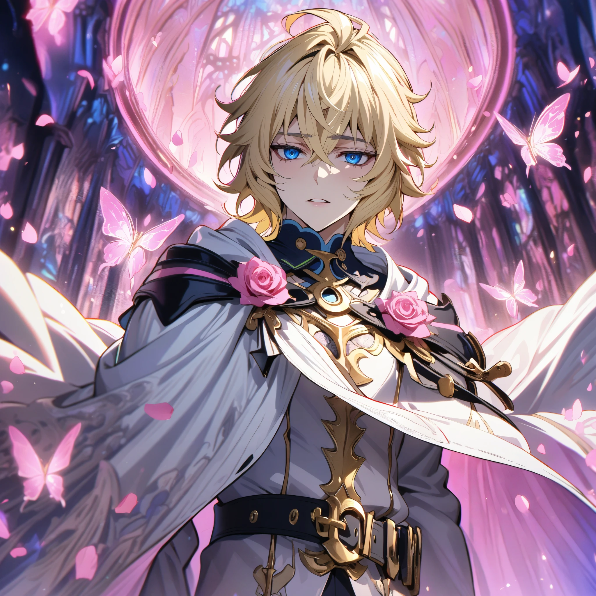 absurdres, highres, ultra detailed, HDR, masterpiece, extremely detailed, detailed eyes, detailed face, Hyakuya Mikaela, blonde hair, expressive blue eyes, Owari No Seraph, solo, sexy man, adult face, mature man, handsome, white clothes, white cape, white gloves, black belt, patterns, pink roses, pink petals, fantasy, magical, pink moon, pink glittering butterflies, pink round lights