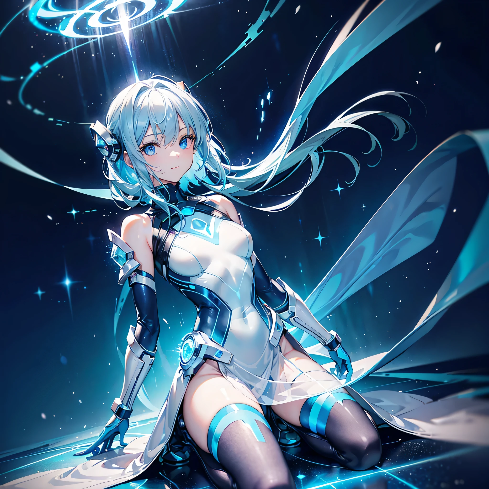 8K, Highest quality, (real:1.4), Original photo, 1 girl, Asari Hair, Biological Amplifier, Very sleek and futuristic armor, posture: Peace talks between warring factions,,attention arousal, smart blue eyes,A modest smile,Knee-high boots,Patent-look blue tights,Blue big moon and blue light swirl in the background,Blue light from behind,blue light magic,A small, glowing blue ball in the palm of your hand,Blue flame swirl,Blue Comet,Polished floor,