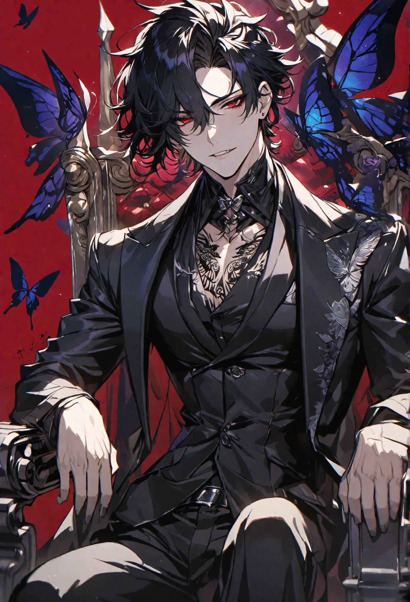 Solo, handsome, Glossy feel,
1. male,
bangs,Straight Hair, ponytail,
black hair,
Gojo Satoru,
red Eyes,Soft look,beautiful,beautiful,sexly,Darkness,butterfly Tattoo,black Rose Tattoo,devil, devil wing,double tooth,
oversized black coat,suit,clavicle,Stylish,
skin,Black Rose,Alluring,sexly,
throne,
red background,Close-up,
