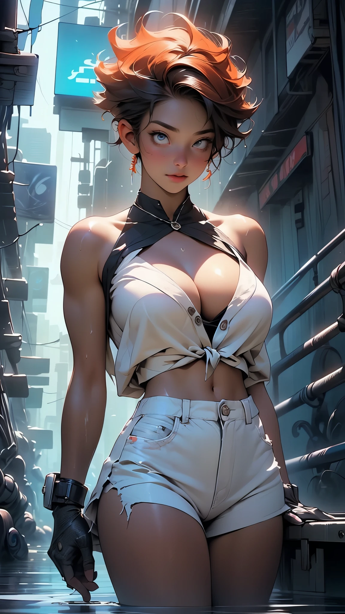 (nude), big boobasterpiece), best quality, extremely detailed, Breasts Exposed, (watercolor), bloom, delicate and beautiful, illustration, (from below),(1girl:1.4), (solo:1.2), large breasts, (ribbed sweater:1.3), off-shoulder sweater, (short shorts:1.2), bare shoulders, (underboob:1.2), ((dark skin:0.8)), beautiful eyes, (disheveled hair ), photography, over-the-shoulder shot, by Alex Maleev, professional, canon camera, nikon camera, sharp, bokeh, studio quality, fisheye lens, by Robert Capa ,araffe with a huge body and a huge body in a , girl in mecha cyber armor, ferra white mecha, female mecha, mechanized valkyrie girl, beutiful white girl cyborg, armor girl, clothed in sci-fi military armor, scifi woman, in white futuristic armor, gorgeous female paladin, mechanized soldier girl