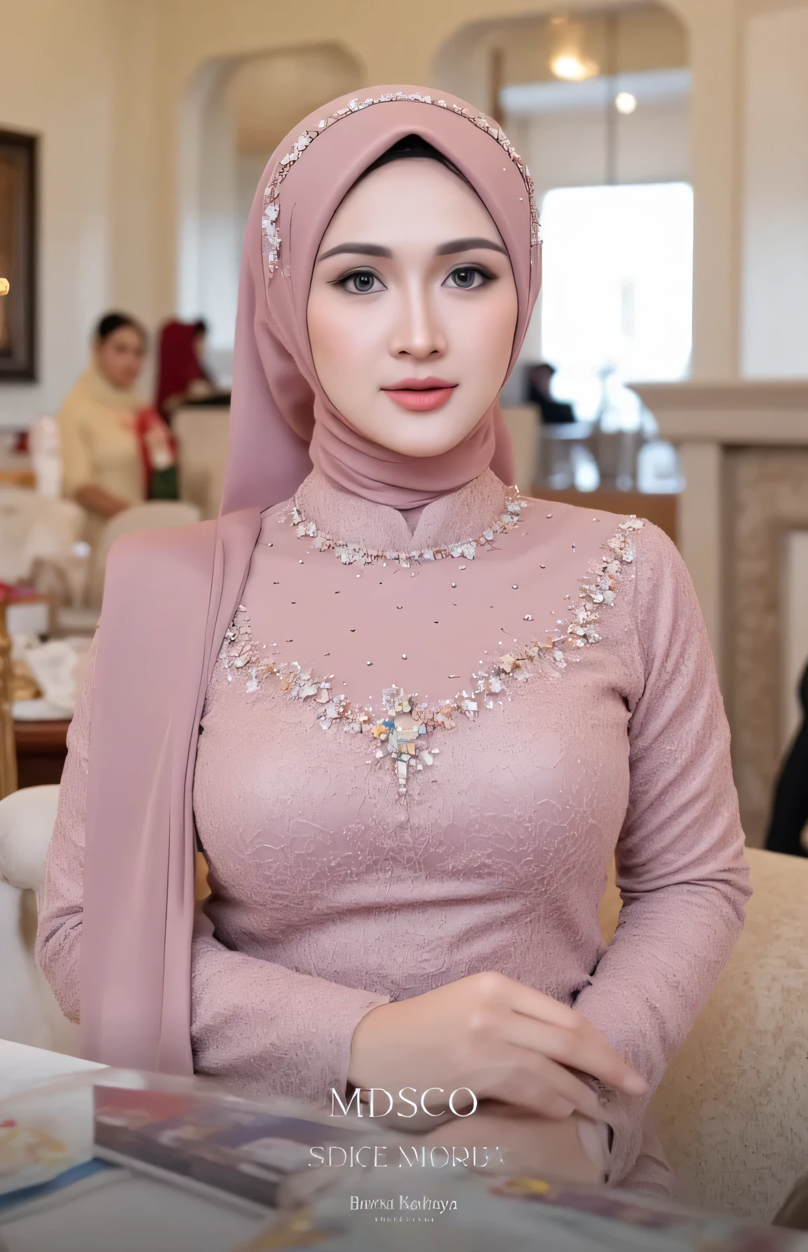 (Masterpiece: 1.2, Best Quality), Realistic, (Realistic Picture, Complex Details, Depth of Field), Best Quality, Masterpiece, Highly Detailed, Realistic, 1 mature, indonesian wife, 29 Years Old, , chest forward, huge breasts, thin lips, beautiful and seductive, sexy body, wearing a Muslim hijab, wearing kebaya, full body view, look at viewer, full photo, thin round circle glasses, indonesian wedding, wedding venue background, indonesian, (no watermark)