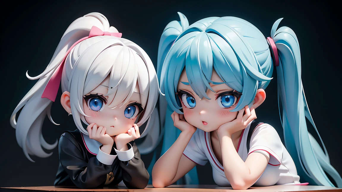 masterpiece, best quality,multiple girls, 2girls, blue hair, closed eyes, gloves, blush, ahoge, heart, necktie, white gloves, hair ornament, open mouth, long hair, red eyes, one side up