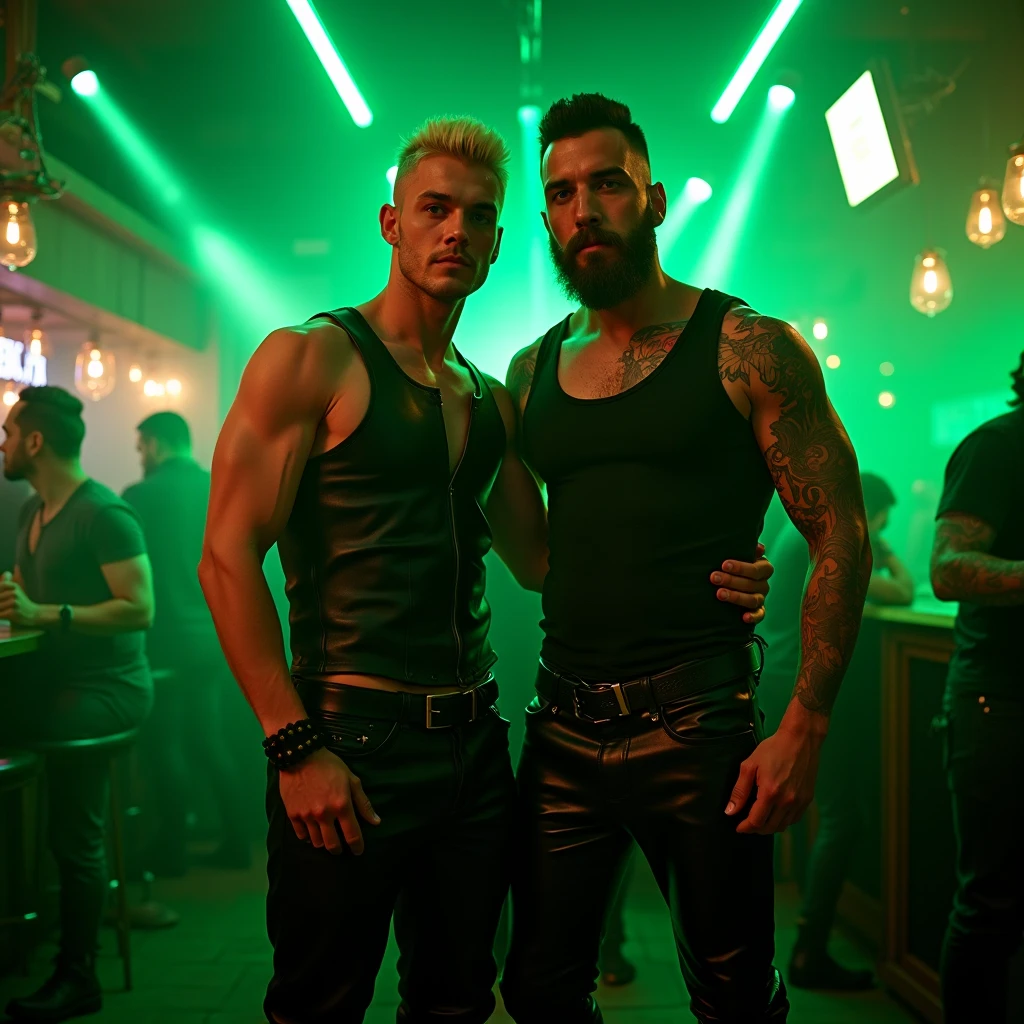 in a leather gay bar, two tom finland-style leather gay white bodybuilded males, shirtless, leather pants, black leather stee cap toe boots, kissing