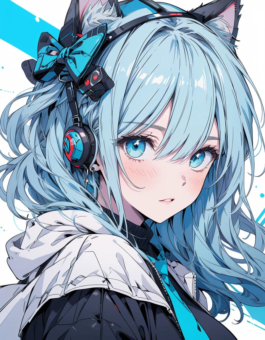 cyber punk, Undine, bikini, smile, ((masterpiece, best quality:1.5)), ((Beautiful detailed cat aqua eyes:1.2)), cat ears, pale skin, medium breasts, beautiful hands, beautiful fingers, EasyNegative