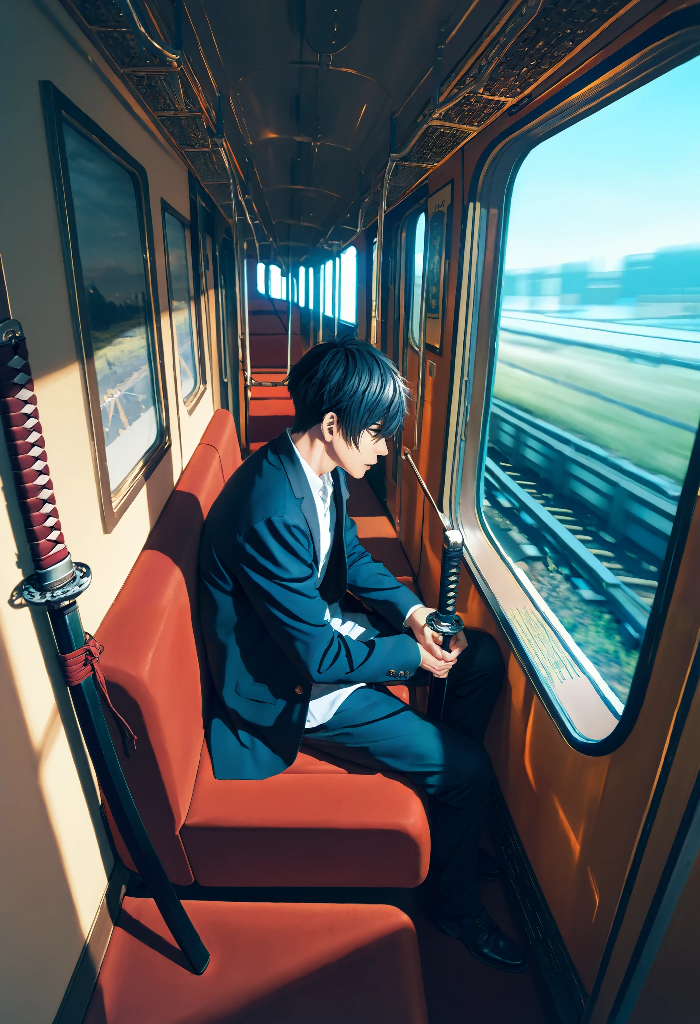 masterpiece, very aesthetic, a man,Alone, Sitting on a Train ,red katana , medium plane, from above, in profile,Katana between the legs,dramatic light, dim lighting , very detailed face ,Detailed Katana