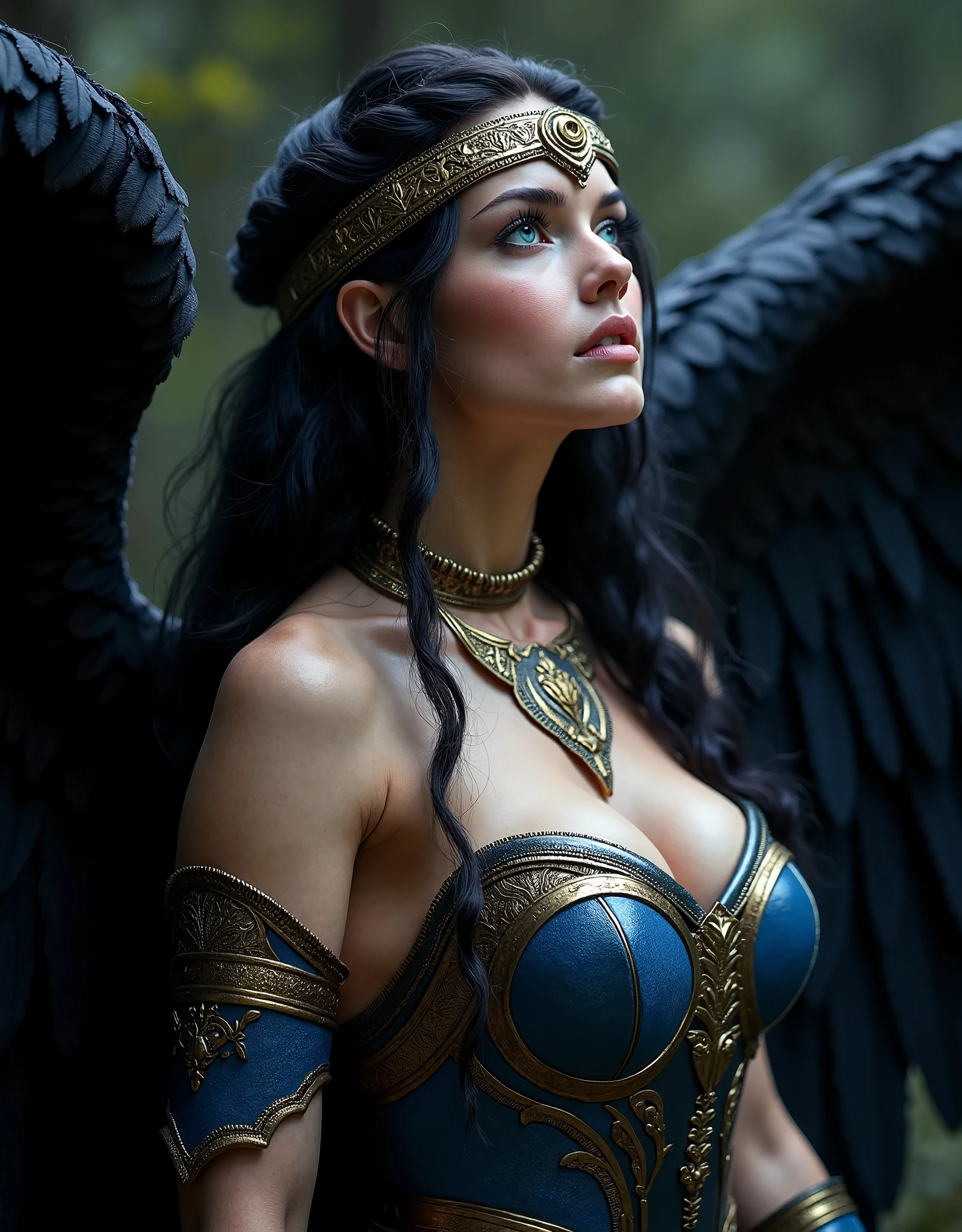 GORGEOUS WINGED VALKYRIE , WARRIOR WOMAN, BUST IMAGE STYLE, STUDIO IMAGE STYLE, BLACK INFINITE BACKGROUND, DIFFUSED LIGHTS ON FACE, BACK LIGHTS ON HAIR, HUGE BLACK WINGS, BLACK FEATHERS, VERY BLACK HAIR, CLOSE FACE SHOT, HUGE LONG HAIR, HUGE STRAIGHT LONG HAIR, BRAID HAIR STYLE, PLATINUM EYEBROWS, VERY PALE SKIN, LUMINOUS SKIN, TURCOISE BLUE EYES, LUMINOUS EYES, MEDIEVAL STYLE, HIGH CHEEKBONES, ROSY CHEEKS, GORGEOUS LIPS, SOFT LIPSTICK, GORGEOUS CURVY BODY, SOFT MUSCLES, VOLUMOUS BREASTS, BLUE ARMOUR, SILVER DETAILS, FULL BODY ARMOUR, FLAT BOOTS, NECK CLEAVAGE, LONG BRACELETS, GOLD DETAILS, GOLDEN HEADBAND , ENIGMATIC FACE EXPRESSION, SIDE FACE VIEW, EYES LOOKING UP, TOLKIEN MITHOLOGY, HIGH QUALITY IMAGE, MASTERPIECE, 8K
