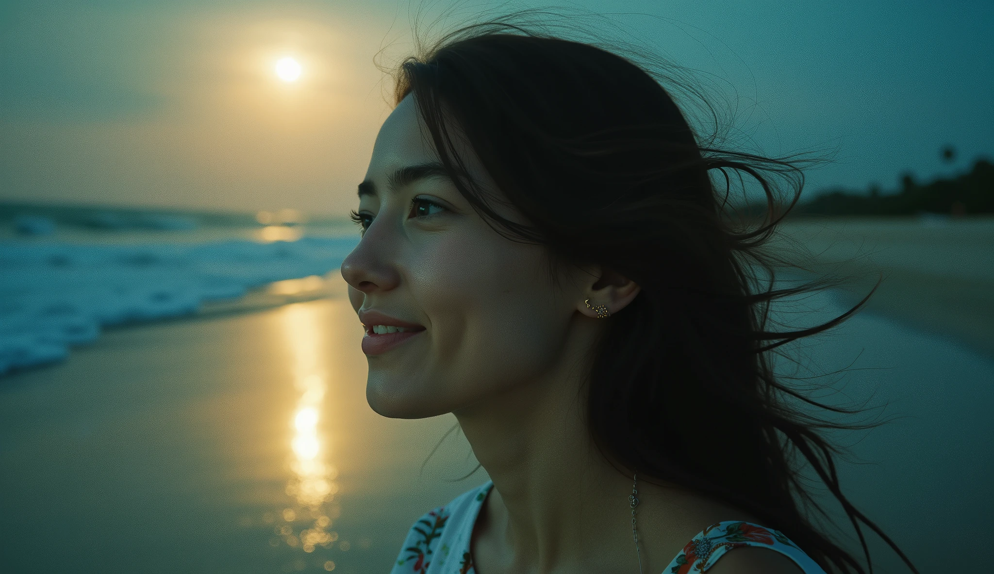 Create a cinematic close-up of a young woman’s face as she runs along a beach at night, captured with the nostalgic style of a disposable camera. Her expression is soft and serene, with a gentle smile that doesn’t show her teeth. The warm, muted tones of the disposable camera effect enhance the natural, vintage feel, with a slight grain and subtle light leaks adding authenticity. Her windswept hair frames her face as it moves, and her skin glows softly under the hazy moonlight. The blurred background hints at the shoreline and ocean waves, creating a dreamy and intimate atmosphere