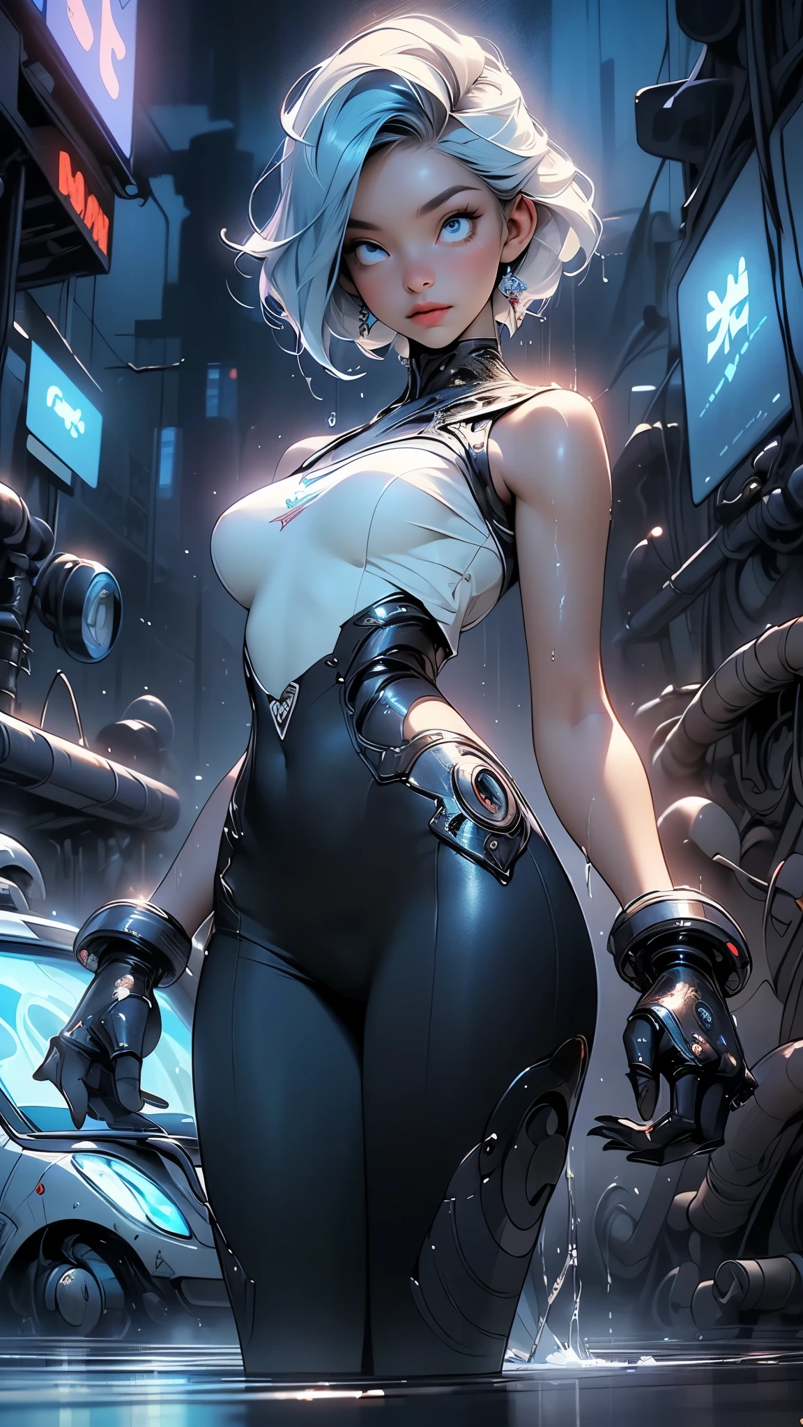 reelmech,cyborg girl,(cyborg girl:1.5),
maid android,(((1girl))),((mechanical robot girl with extremely cute and beautiful pale blue hair)),
(large breasts:1.4),saggy breasts,(((pale blue bob hair:1.35,colored inner hair,short hair,ear breathing))),(((doll))) ,((((pale blue eyes,pale white skin,doll joints:1.5,mechanical hands:1.5,silver armored dress,tesla coils,maid mechanical doll:1.5,Body of a machine,metallic skin,ball joint,no facial features,cyborg:1.5, robotic parts,robot)))),((blue eyes:1.3,upturned eyes:1.3,perfect eyes,beautiful detailed eyes,gradient eyes:1,finely detailed beautiful eyes:1,symmetrical eyes:1,big highlight on eyes:1.2)),((fat)),(((lustrous skin:1.5,bright skin: 1.5,skin tanned,shiny skin,very shiny skin,shiny body,plastic glitter skin,exaggerated shiny skin,illuminated skin, wet legs))),(spider lower abdomen,narrow waist,wide hip,detailed body,(detailed face)),(Mechanical joints: 1.4,Mechanical limbs),
cute,slutty,seductive,erotic,(((nsfw))),
(maid headdress),bare_shoulders,delicate metal decorations,Headdress,(maid),sleeveless,miniskirt,boots,cleavage_cutout,bare_legs,((wet clothes,detailed outfit,detailed clothes)),
(dynamic pose:1.0),embarrassed,(centered,scale to fit dimensions,Rule of thirds),
((((cyberpunk city by the ocean,huge buildings,neon signs,puddles)))),stormy sky,threatening sky,dark clouds,((synthwave background theme,detailed background : 1.25)),((((night,nice lighting decorations,detailed architecture)))),
(best quality,high resolution,sharp focus,ultra detailed,extremely detailed,extremely high quality artwork,(realistic,photorealistic:1.37),8k_wallpaper,(extremely detailed CG 8k),(very fine 8K CG),((hyper super ultra detailed perfect piece)),flawless,(((masterpiece))),illustration,vibrant colors,(intricate),High contrast,Selective lighting,Double exposure,HDR (High Dynamic Range),Post-processing,Background blur,