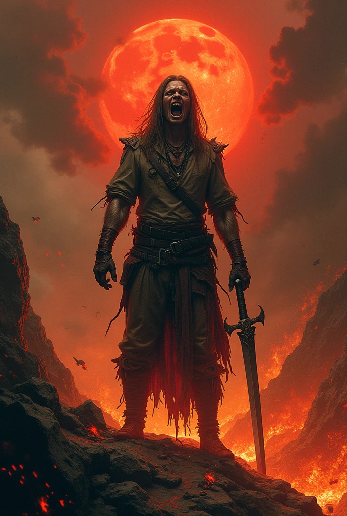 The image is in dark and blood colour in war land There is a warrior should be handsome he 17 years young boy and lean body six packs and the warrior is in red eyes and laughing scary hard and have beard small mustache and long hair in black colour while he was about to die in balck clothes spikes and flying which look dangerous and dark atmosphere and slightly raining he is hold a spear which attached to a flag in the flag SAVAGE SERENITY is written in English in red blood colour in darky fonts and he's left side a colossal bigger than a mountain snake in balck colour simple snake like structure is there which protects the warrior and in background a mountains in sunset mode The image should be quite far to see A SNAKE IN THS LEFT SIDE in open mouth the warrior should be