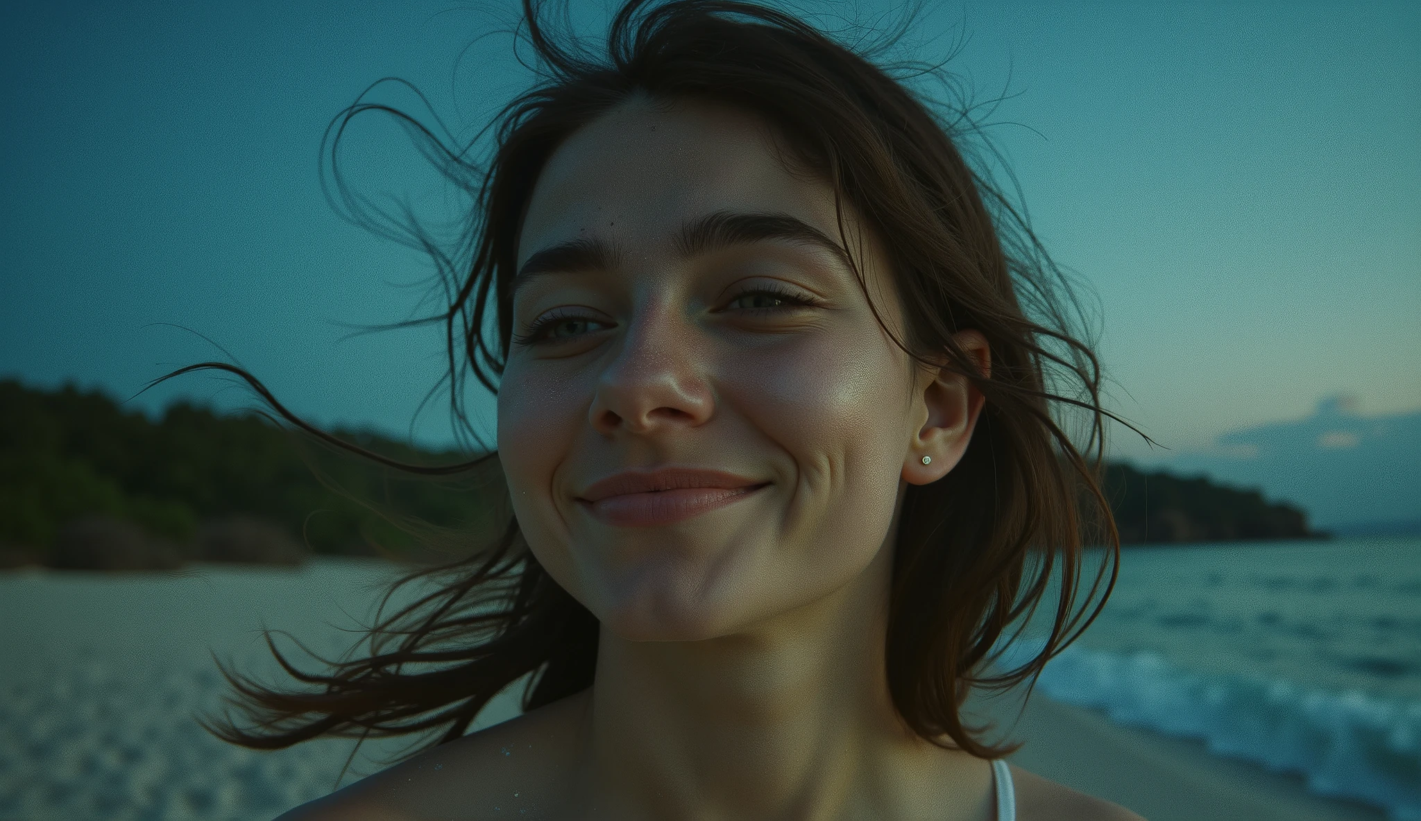 Create a cinematic close-up of a young woman’s face as she runs along a beach at night, captured with the nostalgic style of a disposable camera. Her expression is soft and serene, with a gentle smile that doesn’t show her teeth. The warm, muted tones of the disposable camera effect enhance the natural, vintage feel, with a slight grain and subtle light leaks adding authenticity. Her windswept hair frames her face as it moves, and her skin glows softly under the hazy moonlight. The blurred background hints at the shoreline and ocean waves, creating a dreamy and intimate atmosphere