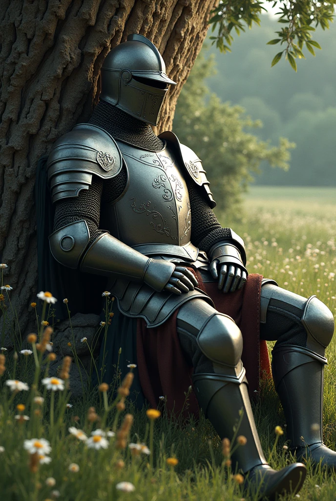 (Knight lying and leaning on the tree in the forest:1.2), flora, vine grows on his armor,full armor, helmet, (knight:1.2),dnd art, dungeons and dragons art, high fantasy illustration,d & d art style