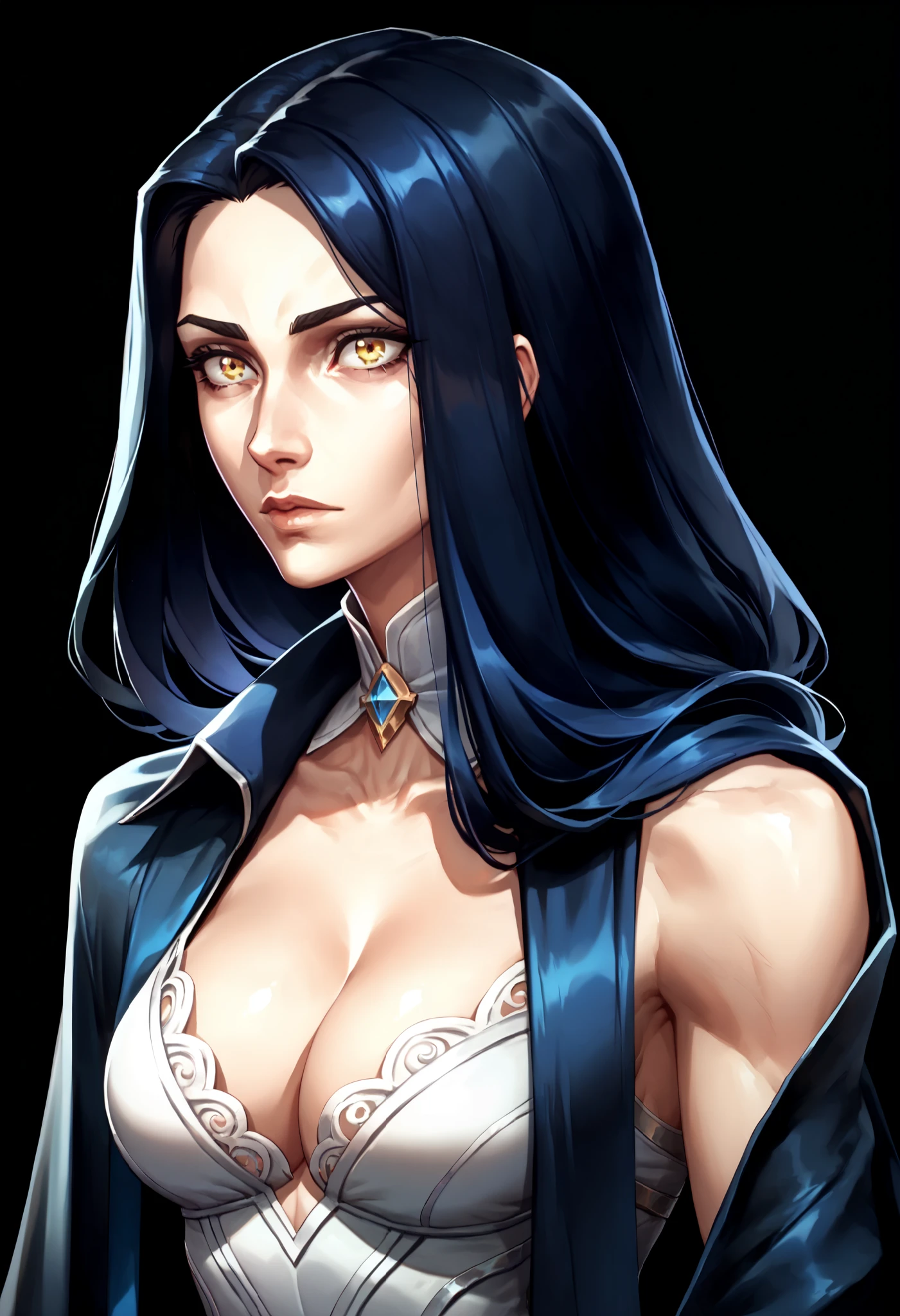one woman, le blanc from league of legends, (yellow eyes:1.2), long hair, dark blue hair, (bust, upper body:1.3), (black background, clear background:1.5), (studio lights, deep shadows:1.3), (slender body, bare arms, cape, lined eyes, eyeshadows:1.2), (long dress, deep cleavage:1.5)