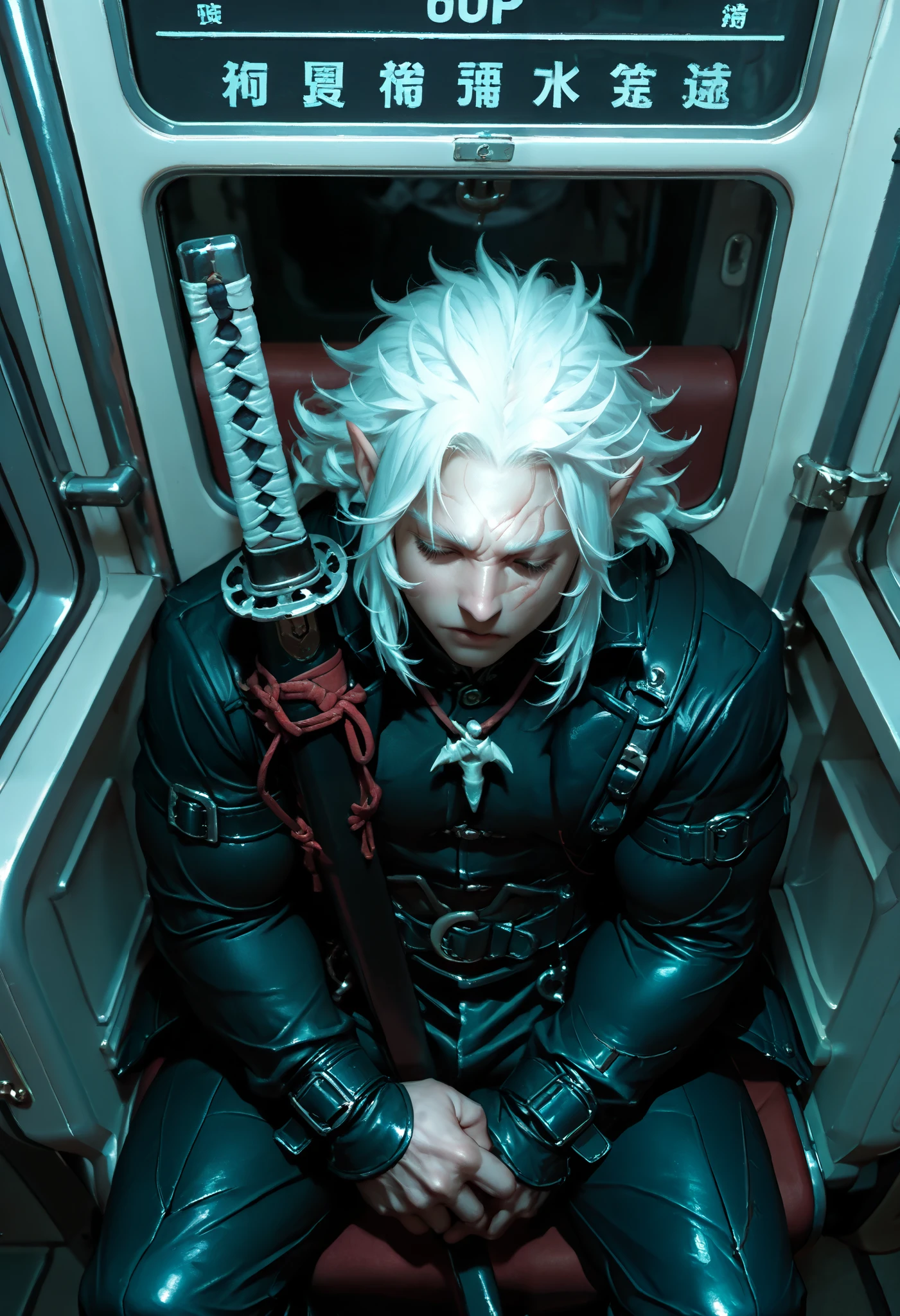 masterpiece, very aesthetic, a man, Demon Hunter , tooth pendant , scar on the face, white hair,plaido ,muscular,strong hands, Sitting on a Train ,red katana , medium plane, from above, in profile,Katana between the legs,sitting alone,dramatic light, dim lighting , very detailed face ,Detailed Katana