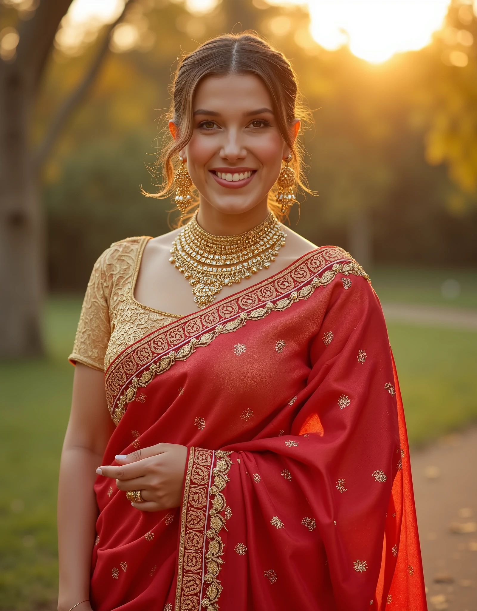 wearing traditional Indian saree with jewelleries, sexy red bridal saree, with sexy golden blouse, sexy attractive curvy woman, huge breast, downblouse, cleavage, beautifull attractive curvy woman, seductive look, highly detailed skin and face texture, happy face , natural cute, white teeth, smile, skin details, full body shot image, looking in camera , morning, outdoor, sunrays, sexy pose, hyper realistic, 4k