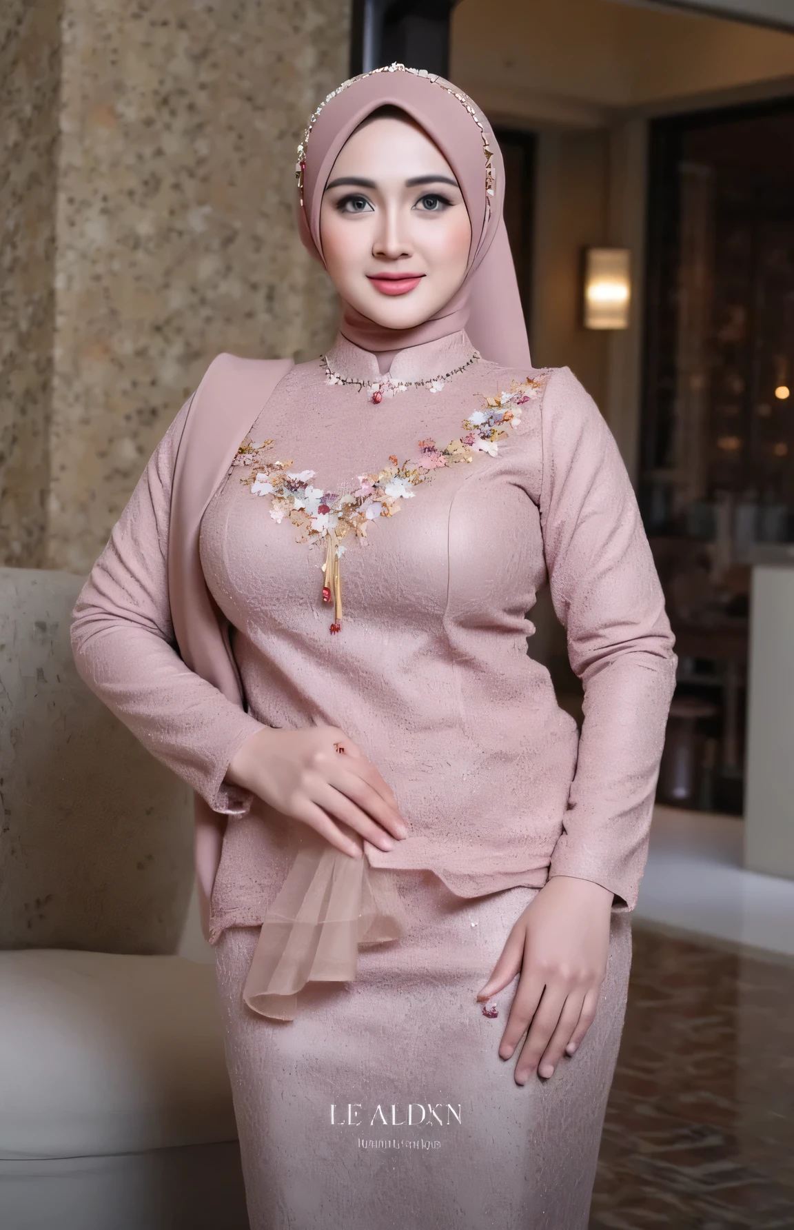 (Masterpiece: 1.2, Best Quality), Realistic, (Realistic Picture, Complex Details, Depth of Field), Best Quality, Masterpiece, Highly Detailed, Realistic, 1 mature, indonesian wife, 29 Years Old, , chest forward, huge breasts, thin lips, beautiful and seductive, curvy body, wearing a Muslim hijab, wearing kebaya, full body view, look at viewer, full photo, thin round circle glasses, indonesian wedding, wedding venue background, indonesian, (no watermark), seductive smile, model photo pose