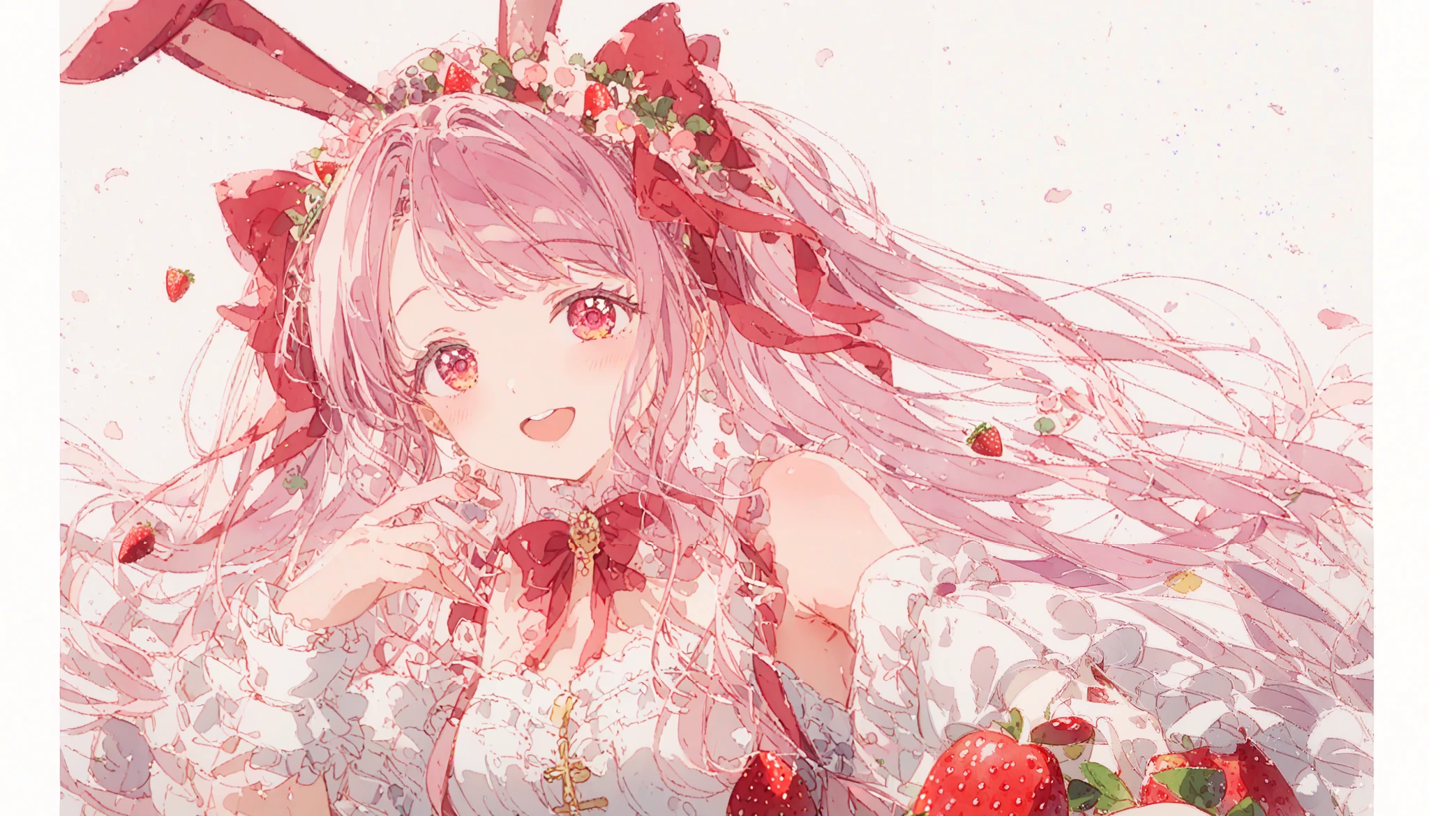 1 girl 、(PastelColors:1.3)、(Cute illustration:1.3)、(watercolor paiting:1.1)、highest quality, masterpiece, Surreal, High resolution, very detailed, 8k, (one girl:1.3), cute, anime, clear white skin,Yumekawa、fancy、pastel、Pink and light blue, cross-shaped pupils,Rabbit ears:1.0、strawberries、Physical education sitting、 (PastelColors:1.3)、(Cute illustration:1.3)、(watercolor paiting:1.3)、girls:1.3、Detailed background、Smile with open mouth、close your eyes and laugh、Beautifully detailed、My、colourfull、marble、Particles of light、patterns、Double Layer Dress、Detailed drawing、Vibrant colors、striking contrast、intricate detailes、Delicate depiction、Luminescent、full body Esbian、Beautiful facial features、Brightly colored eyes、Wearing intricate and delicate ornaments、glowing aura、Radiant hair,Morning light、White and red motifs、Red ribbons、Strawberry wreath background、,Thick wool gown:0.8、sweet、Cute as a dream、full body ta、laugh, happy smiley、 have a smiling smile 、reacing outflowers、The entire background is pale purple、Purple Fa