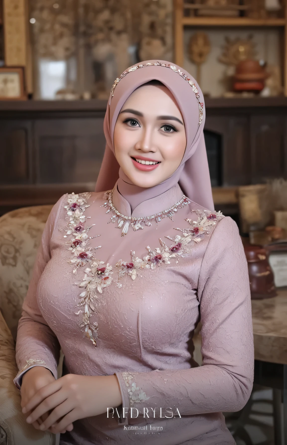 (Masterpiece: 1.2, Best Quality), Realistic, (Realistic Picture, Complex Details, Depth of Field), Best Quality, Masterpiece, Highly Detailed, Realistic, 1 mature, indonesian wife, 29 Years Old, , chest forward, huge breasts, thin lips, beautiful and seductive, curvy body, wearing a Muslim hijab, wearing kebaya, full body view, look at viewer, full photo, thin round circle glasses, indonesian wedding, wedding venue background, indonesian, (no watermark), seductive smile, model photo pose