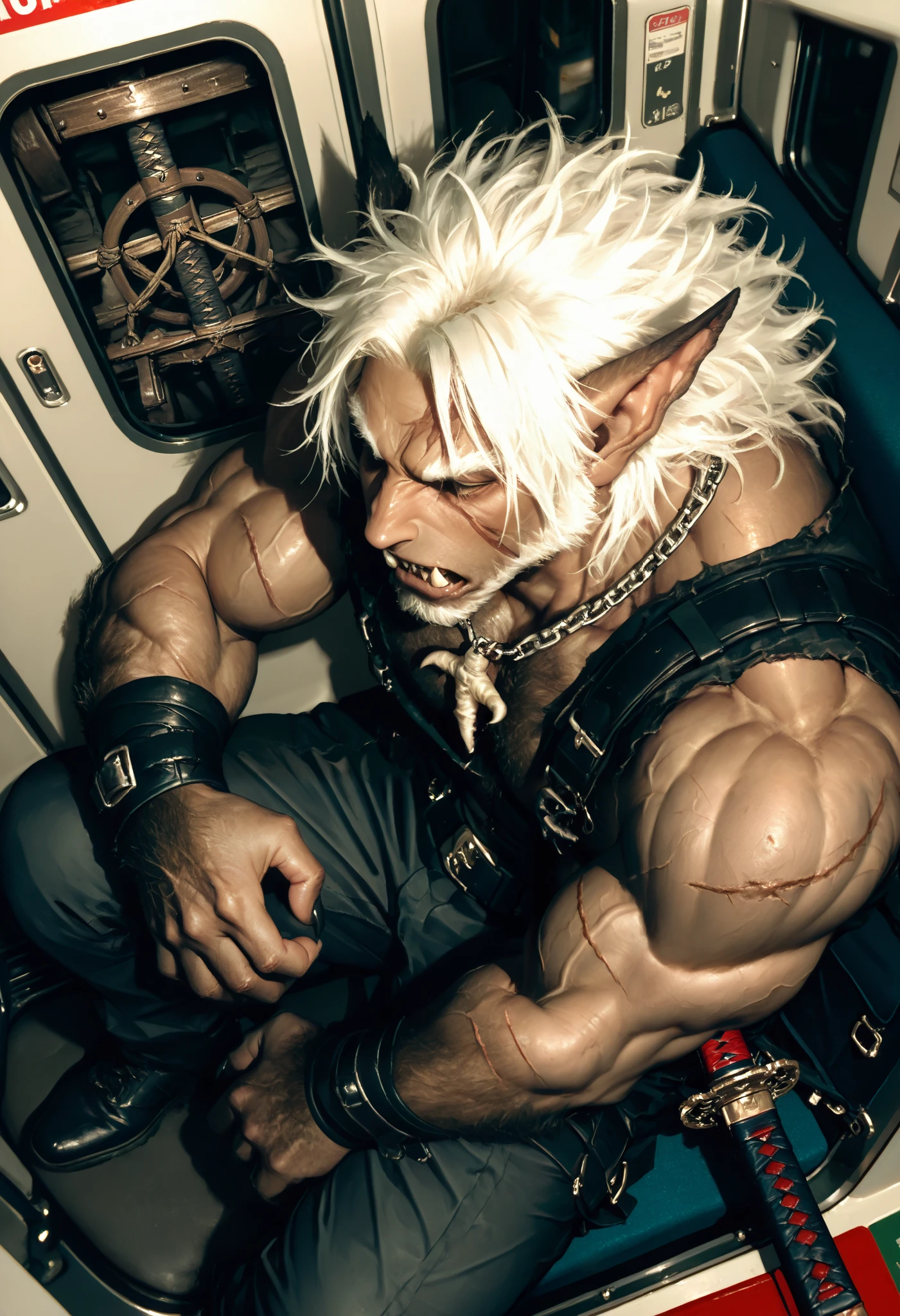 masterpiece, very aesthetic, a man, Demon Hunter ,Werewolf, tooth pendant , scar on the face, white hair,plaido ,muscular,strong hands, Sitting on a Train ,red katana , medium plane, from above, in profile,Katana between the legs,sitting alone,dramatic light, dim lighting , very detailed face ,Detailed Katana
