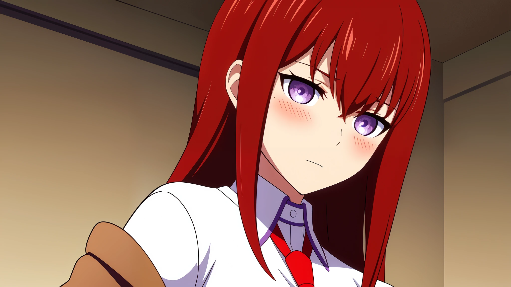 ((masterpiece,best quality,ultra detailed,8k)),brown_hair,collared_shirt,jacket,long_sleeves,makise_kurisu,standing,red_necktie,solo,1girl,white_shirt,perfect face,red_hair,purple_eyes,((blush)),upper body,(close_mouth)