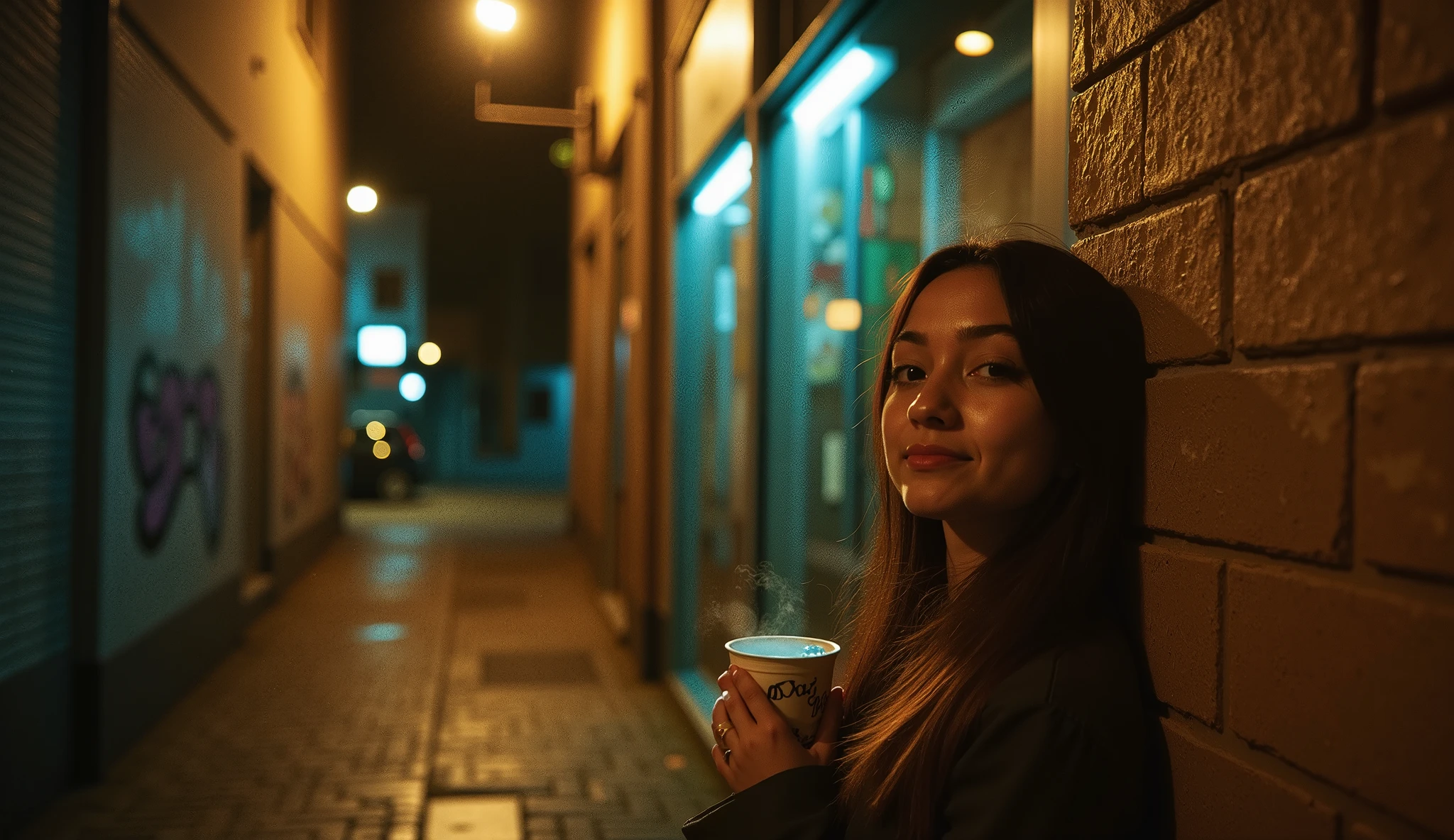Create a cinematic close-up of a young woman leaning against an old brick wall in an alley at night, captured with the nostalgic style of a disposable camera. She holds a steaming cup of coffee in her hands, with a gentle, closed-lip smile that conveys warmth and introspection. The warm, grainy tones of the disposable camera effect, along with soft light leaks and shadows, create a vintage ambiance. Her hair falls loosely around her face, softly illuminated by a single overhead bulb or a nearby neon sign casting a faint glow. The blurred background reveals wet pavement reflecting city lights and faint graffiti on the walls, evoking a cozy yet urban nighttime mood