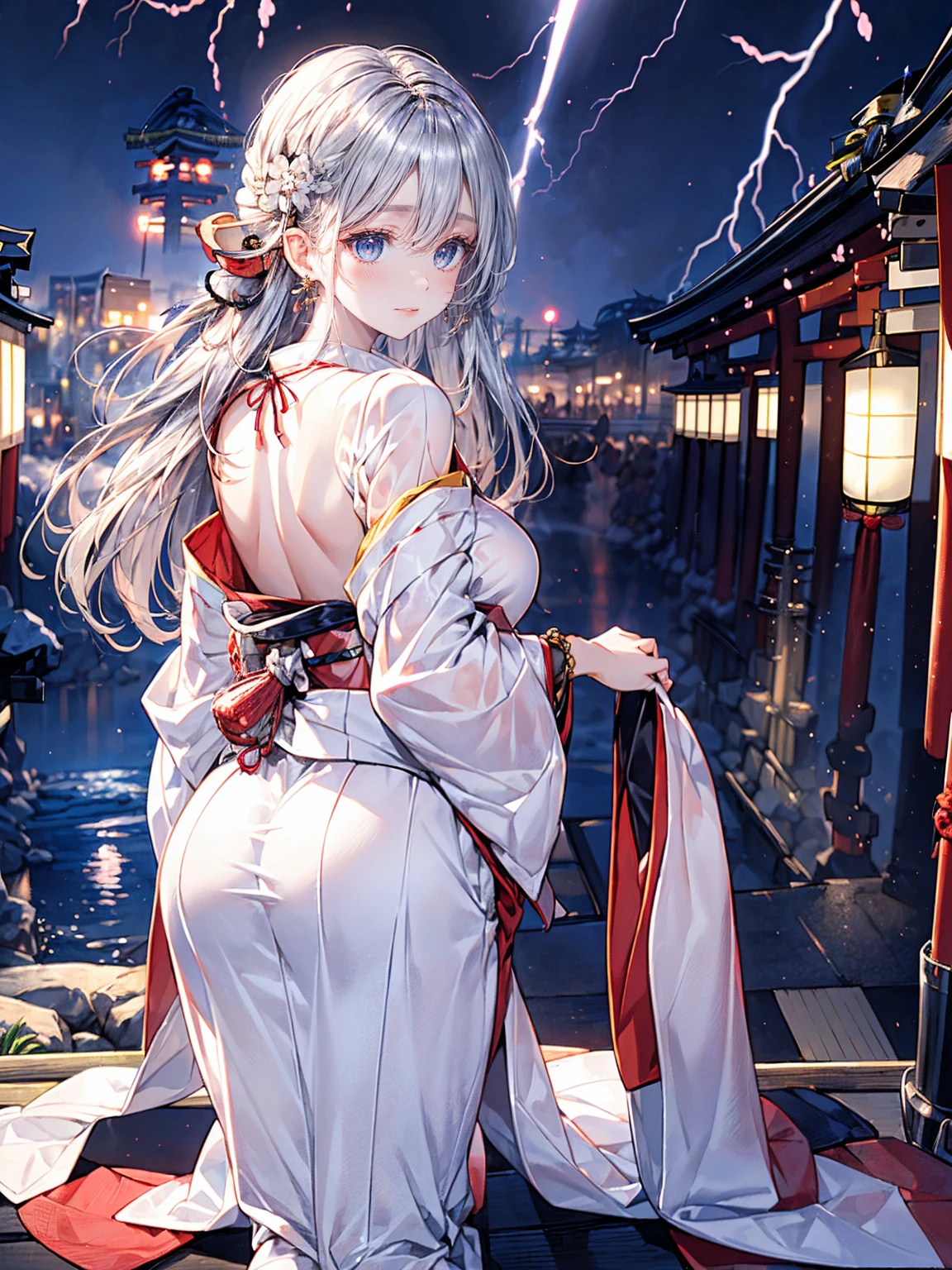 Highest Resolution,Highest quality,A beautiful girl with no expression in a white kimono leotard,(((No legs))),High leg,Floating in the air,Very beautiful red eyes,Black hair semi-long hair,Halo,thunderstorm,Bad weather,Japanese Cemeteries,A road lined with gravestones,1Two Red Torii Gates,Company,Bamboo grove,lightning,Lightning strikes,whole body,up,front,