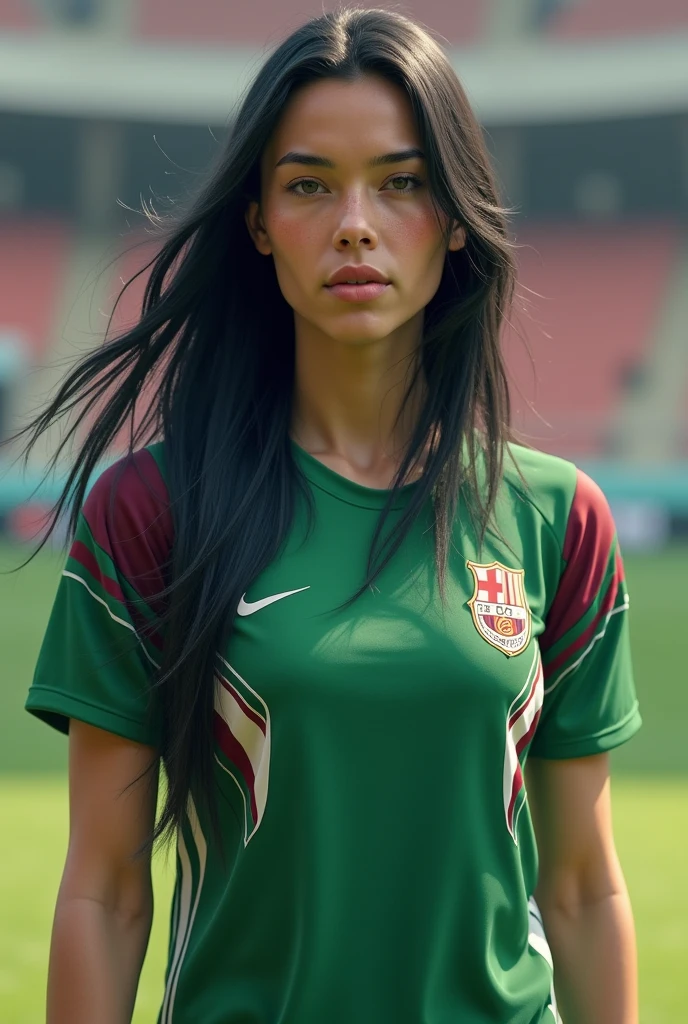 Moroccan girl, black hair in a ponytail, blue eyes, in a soccer stadium, in red sports outfit from Morocco ,(Best quality, 4k, 8k, high resolution, masterpiece:1.2), Ultra-detailed, (Realistic, photoRealistic, photo-Realistic:1.37), portraits, Vivid colors, lighting studio