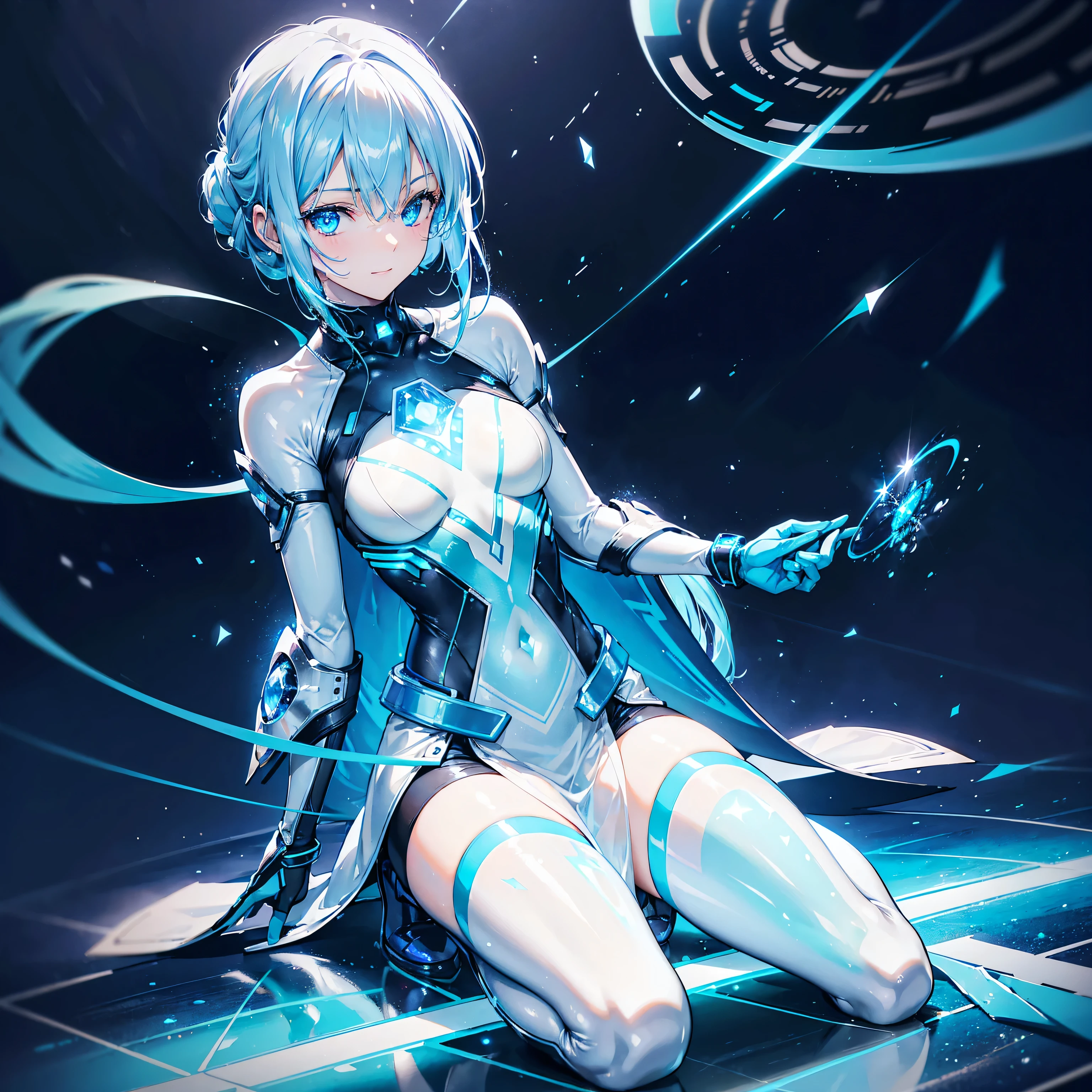 8K, Highest quality, (real:1.4), Original photo, 1 girl, Asari Hair, Biological Amplifier, Very sleek and futuristic armor, posture: Peace talks between warring factions,,attention arousal, smart blue eyes,A modest smile,Knee-high boots,Patent-look blue tights,Blue big moon and blue light swirl in the background,Blue light from behind,blue light magic,A small, glowing blue ball in the palm of your hand,Blue flame swirl,Blue Comet,Polished floor,
