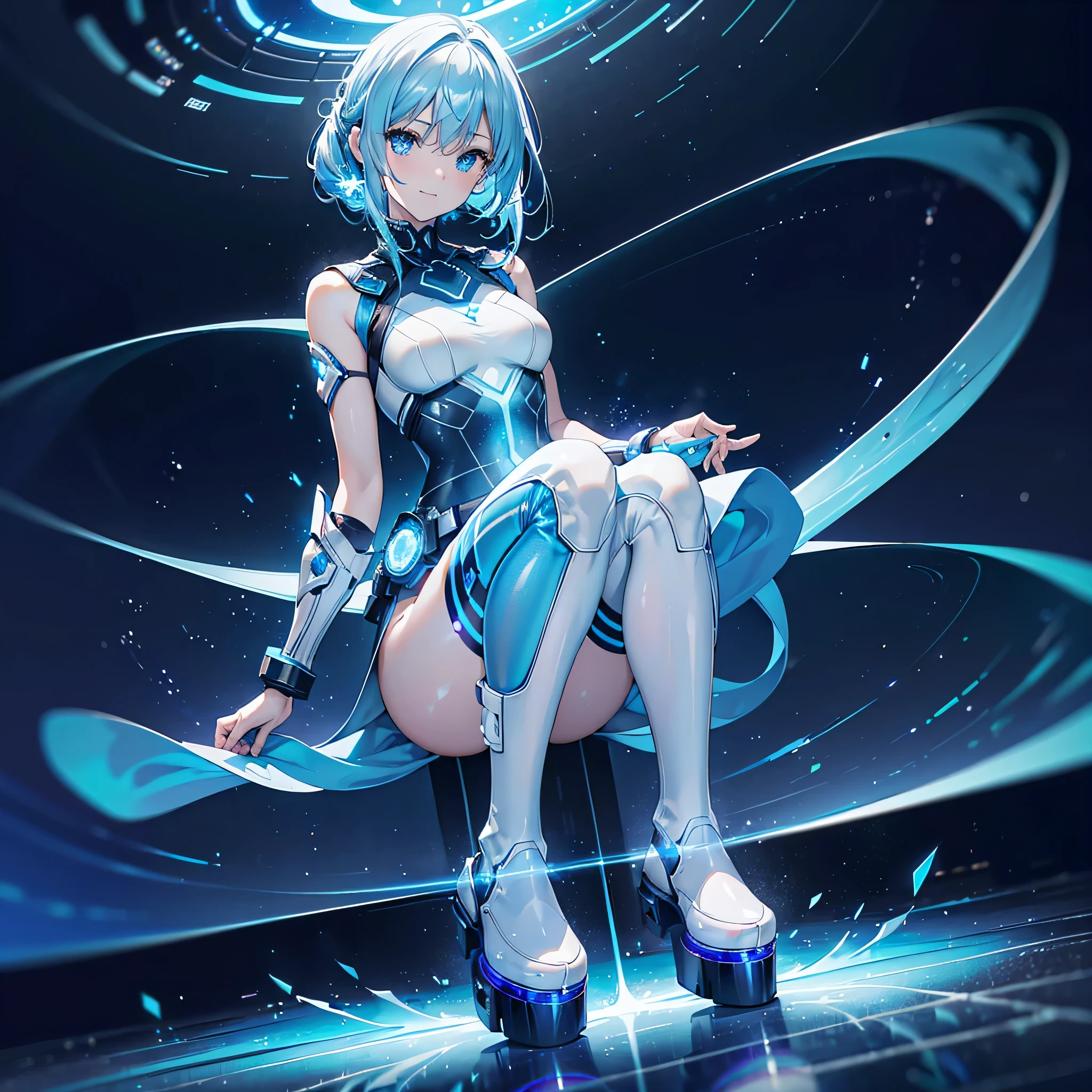 8K, Highest quality, (real:1.4), Original photo, 1 girl, Asari Hair, Biological Amplifier, Very sleek and futuristic armor, posture: Peace talks between warring factions,,attention arousal, smart blue eyes,A modest smile,Knee-high boots,Patent-look blue tights,Blue big moon and blue light swirl in the background,Blue light from behind,blue light magic,A small, glowing blue ball in the palm of your hand,Blue flame swirl,Blue Comet,Polished floor,