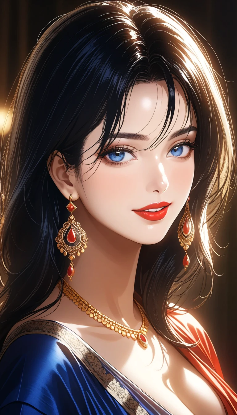 a beautiful mature indian woman, detailed intricate long jhumka earrings, smooth lips, red lipstick, smiling,mini ornate black dress, small cleavage, hand gloves, makeup, detailed alluring eyes, bangles, blue ribbon, saggy breasts, photorealistic, (best quality,4k,8k,highres,masterpiece:1.2),ultra-detailed,(realistic,photorealistic,photo-realistic:1.37),cinematic lighting,vibrant colors,intricate details,messy short hair,bare legs, full body view,