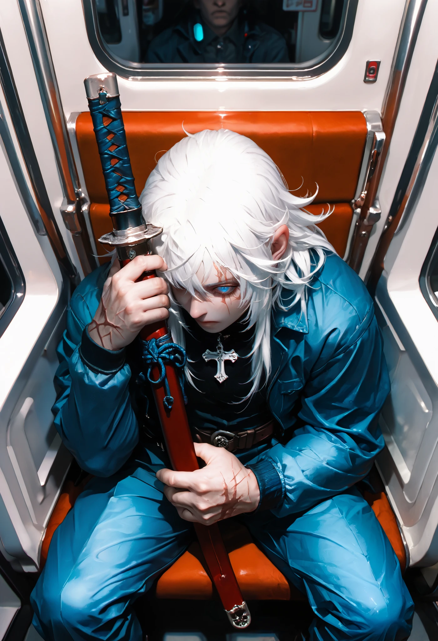 masterpiece, very aesthetic, a man, Demon Hunter , tooth pendant , scar on the face,blue eyes, glowing eyes, white hair,plaido ,muscular,strong hands, Sitting on a Train ,red katana , medium plane, from above, in profile,Katana between the legs,sitting alone,dramatic light, dim lighting , very detailed face ,Detailed Katana