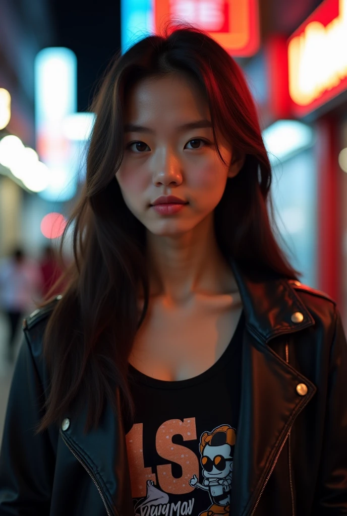 beautiful cyberpunk woman with a leather jacket, lingerie, Latex, dramatic lighting, (police badge:1.2), detailed face, cinematic, hyperrealistic, 8k, (best quality:1.2), (ultra-detailed:1.1), (photorealistic:1.25), highly detailed facial features, high fashion, moody, neon city lights, cyberpunk, pretty face, cute, Short black hair.