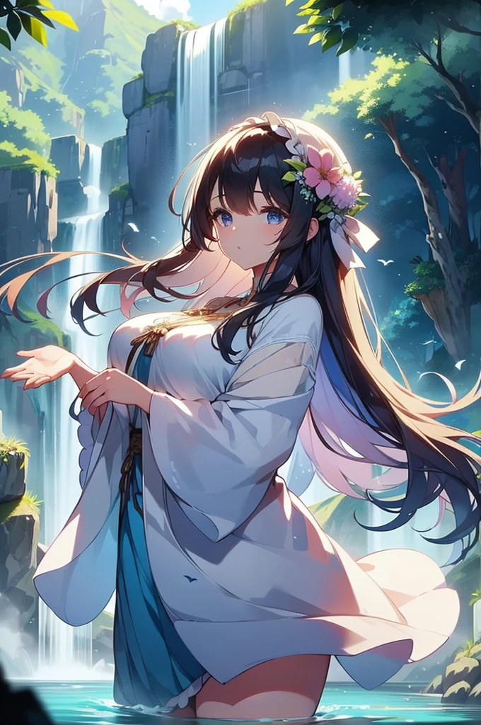 A majestic and elegant panorama of Mt. Fuji.、Sakuhime Konohana smiles kindly、(The princess's breasts are huge:1.5)、Hair that flutters in the wind、The best illustrations、