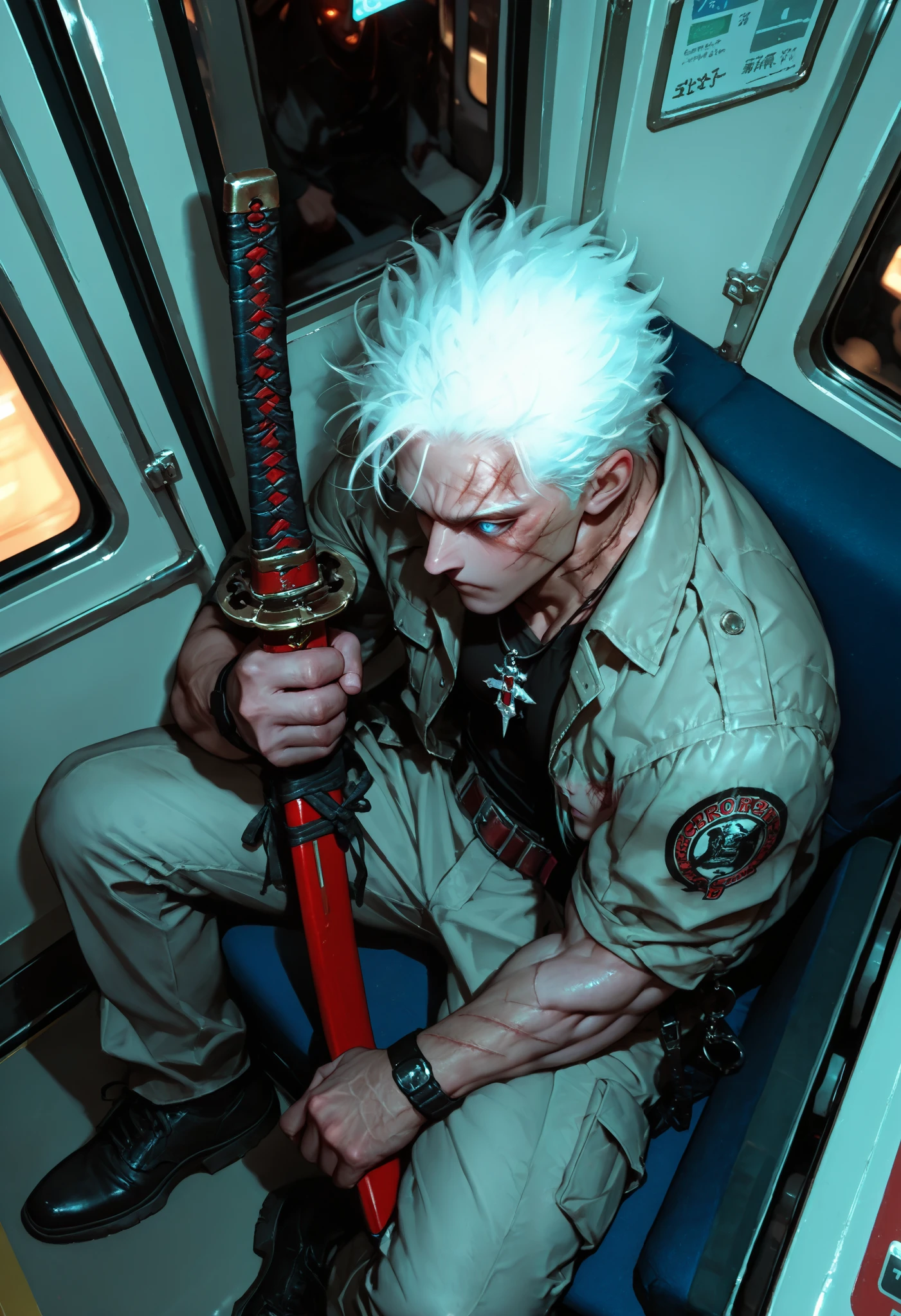 masterpiece, very aesthetic, a man, Demon Hunter , tooth pendant , scar on the face,blue eyes, glowing eyes, white hair,plaido ,muscular,strong hands, Sitting on a Train ,red katana , medium plane, from above, in profile,Katana between the legs,1-meter katana ,sitting alone,dramatic light, dim lighting , very detailed face ,Detailed Katana