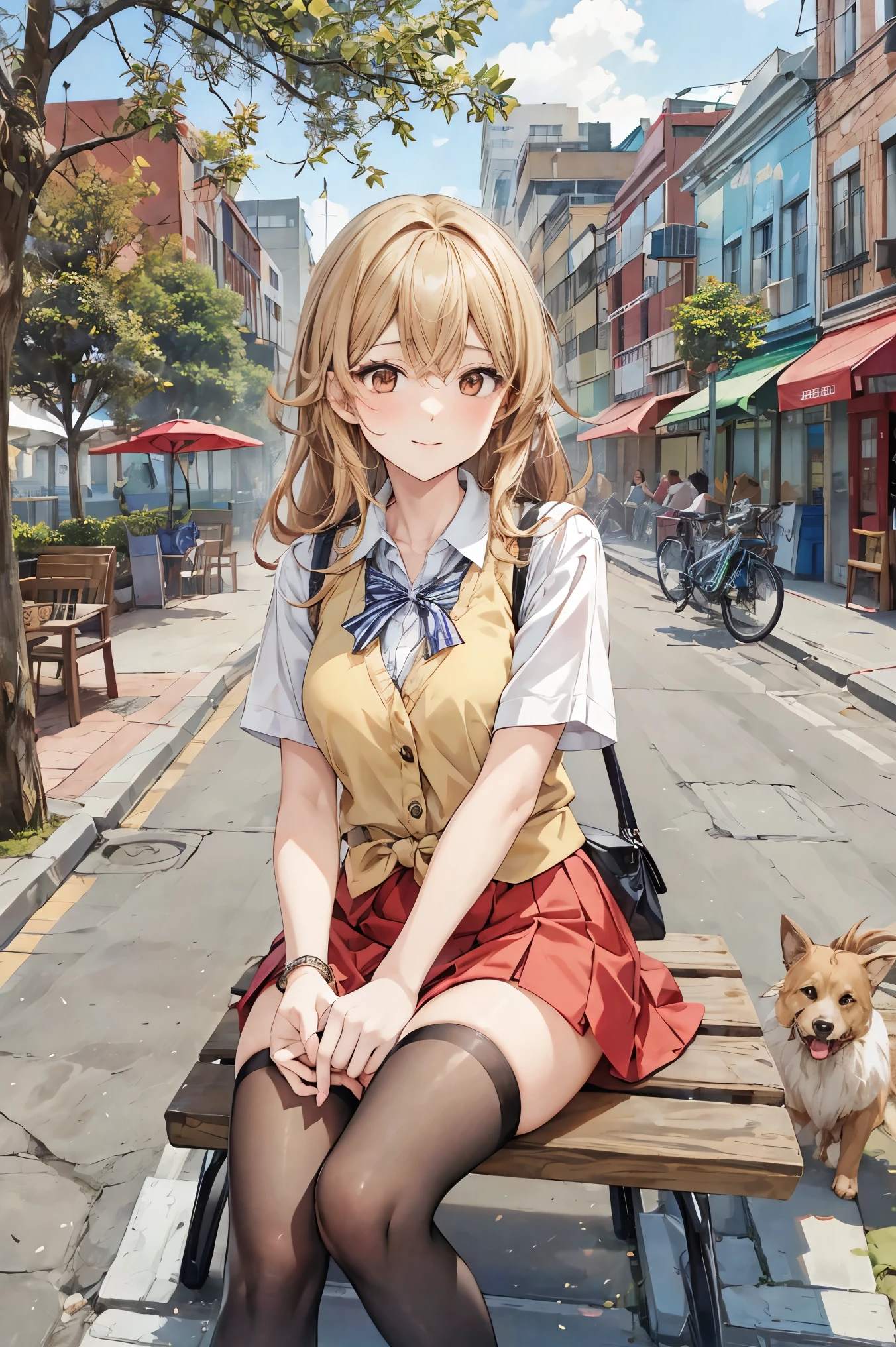 An anime-style illustration of a young girl sitting at an open-air café table on a lively park street, sipping a cup of coffee. She wears a red checkered mini-skirt, a white blouse, and a beige vest, giving her a bright and fashionable appearance. Her outfit is neat and charming, with the skirt fluttering slightly in the gentle breeze. Around her, a few pedestrians walk by, including a couple holding hands and a man walking his dog. The background features trees lining the street, colorful shopfronts, and a soft evening glow. The scene is detailed and vibrant, with a relaxed and cheerful atmosphere. Ultra-detailed, cinematic composition, vibrant colors, and dynamic lighting.