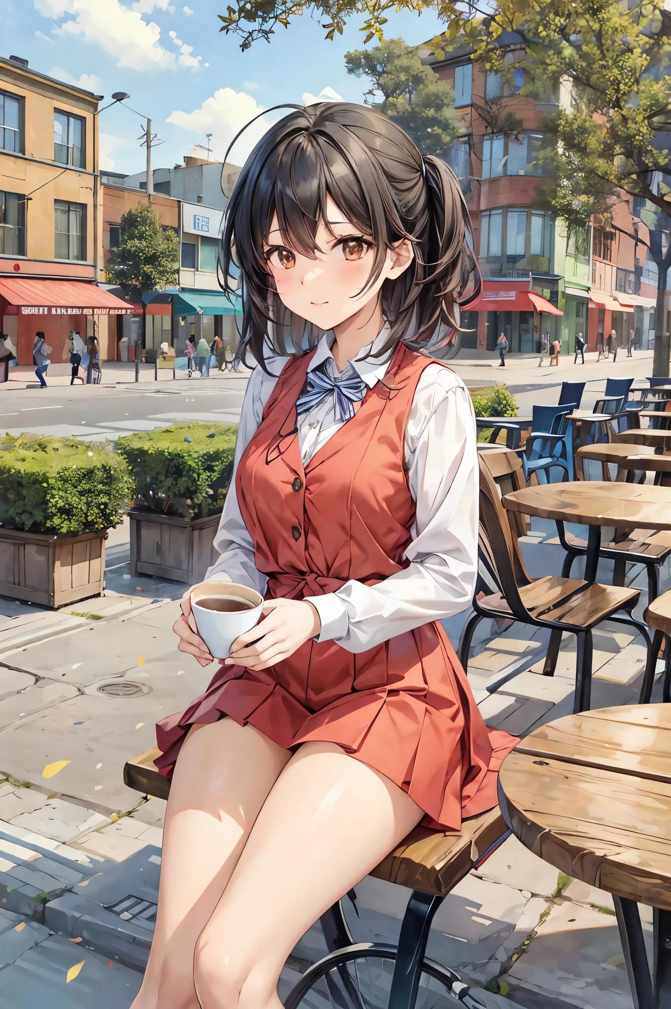 An anime-style illustration of a young girl sitting at an open-air café table on a lively park street, sipping a cup of coffee. She wears a red checkered mini-skirt, a white blouse, and a beige vest, giving her a bright and fashionable appearance. Her outfit is neat and charming, with the skirt fluttering slightly in the gentle breeze. Around her, a few pedestrians walk by, including a couple holding hands and a man walking his dog. The background features trees lining the street, colorful shopfronts, and a soft evening glow. The scene is detailed and vibrant, with a relaxed and cheerful atmosphere. Ultra-detailed, cinematic composition, vibrant colors, and dynamic lighting. 


