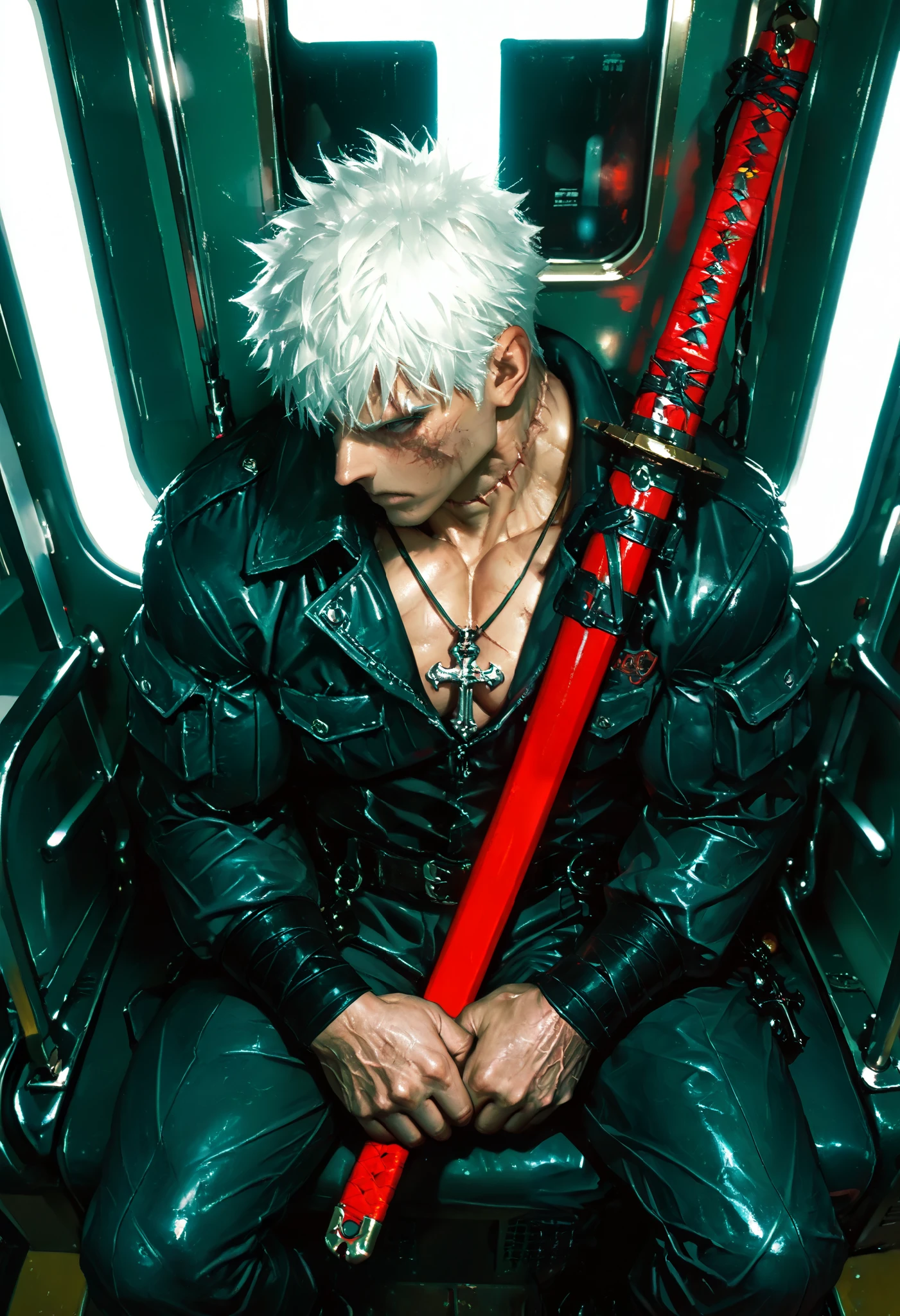 masterpiece, very aesthetic, a man, Demon Hunter , tooth pendant , scar on the face, scar on the neck , white hair,plaido ,muscular,strong hands, Sitting on a Train ,red katana , medium plane, from above, in profile,Katana between the legs,sitting alone,dramatic light, dim lighting , very detailed face ,Detailed Katana