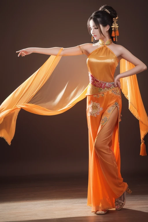 Natural Light, (Best Quality, highly detailed, Masterpiece), ((wide shot)), (Fantasy aesthetic style), (realistic light and shadow), (real and delicate background), (beautiful and detailed eyes), (realistic detailed skin texture), (detailed hair), (full-length shot), ((be reast)), Chinese mansion, Chinese garden, Outdoor, vibrant color, Draw a female Dancer, Chinese style, perfect face, beautiful and Pleasure, with long straight blonde hair dancing in the air, wearing gorgeous hair accessories, (See-through yellow cheongsam), cleavage cutout, complemented by intricately designed lace thighhighs, with a slim figure and slender legs, ((brightly light environment)), ((dance stance)), ,more_details:-1, more_details:0, more_details:0.5, more_details:1, more_details:1.5,nardack