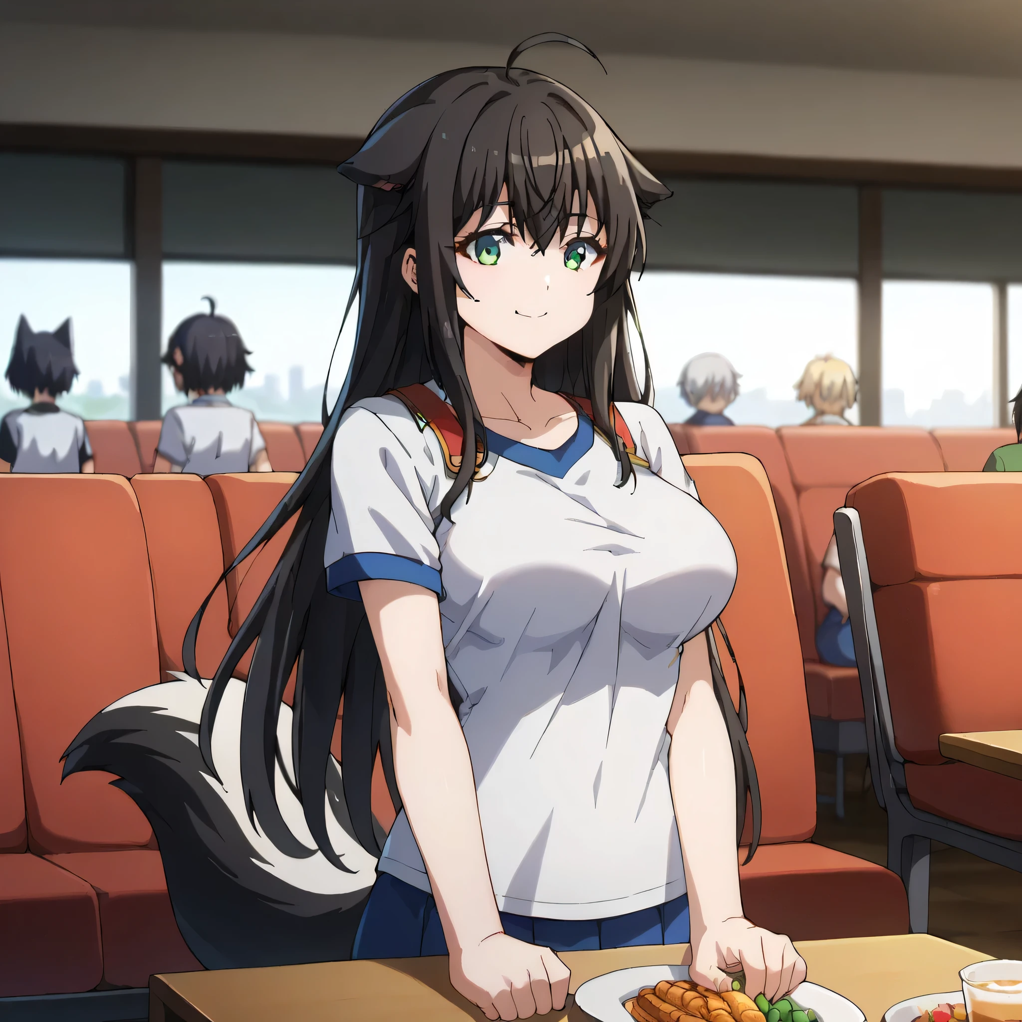 3girls, solo, masterpiece, anime, indoors,cinema, lighty clothes, black hair, long hair, fox ears down, skunk tail, ahoge, hair flaps, smile, green eyes, 1 girl, t shirt outfit, , 1 girl, big breast