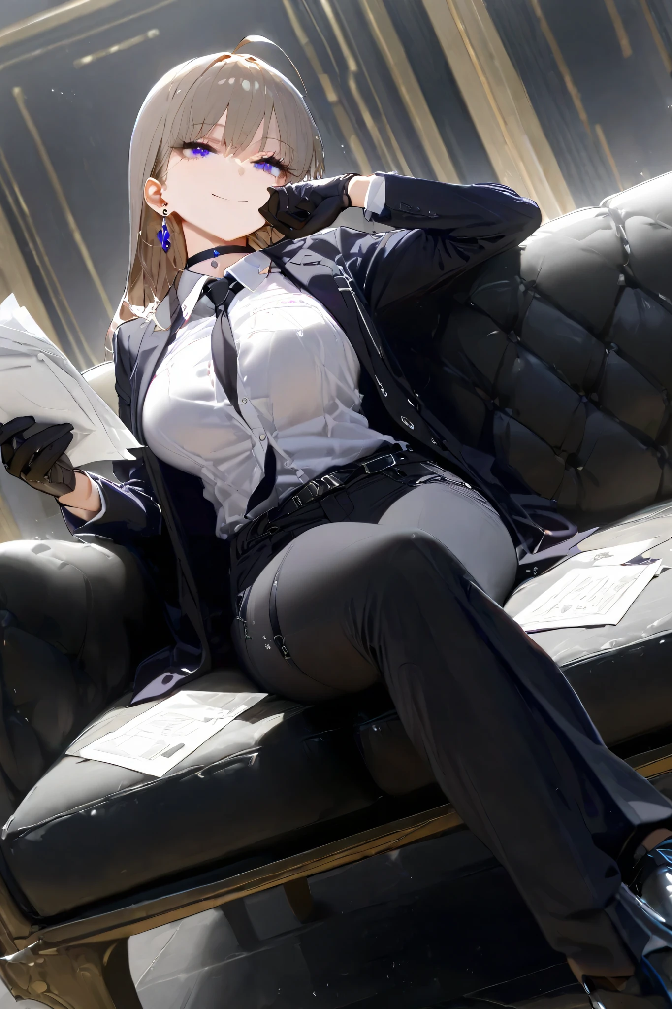 1girl, holster, gloves, necktie, solo, crossed_legs, holstered_weapon, breasts, pants, black_gloves, shirt, sitting, jewelry, earrings, belt, formal, couch, black_necktie, indoors, suit, smile, jacket, white_shirt, large_breasts, blue_eyes, choker, black_footwear, holding, thigh_holster, long_hair, black_pants, black_jacket, collared_shirt, ahoge, paper, open_clothes, brown_hair, open_jacket, bangs, closed_mouth, long_sleeves, chair, purple_eyes