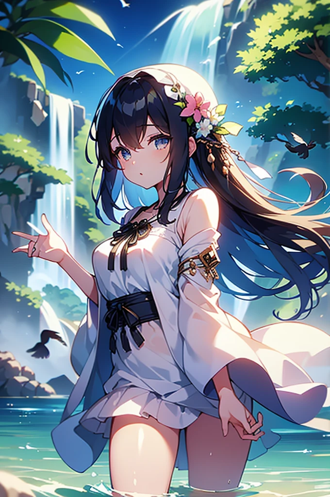 A goddess of love in her small garden, She is surrounded by beautiful flowers, Little angels and fairies accompany her. Su mirada revisa la dulzura, Se viste de forma luminosa y vaporosa. Su cuerpo es esbelto y espectacular. ((pechos grandes)) (cuerpo fitness)