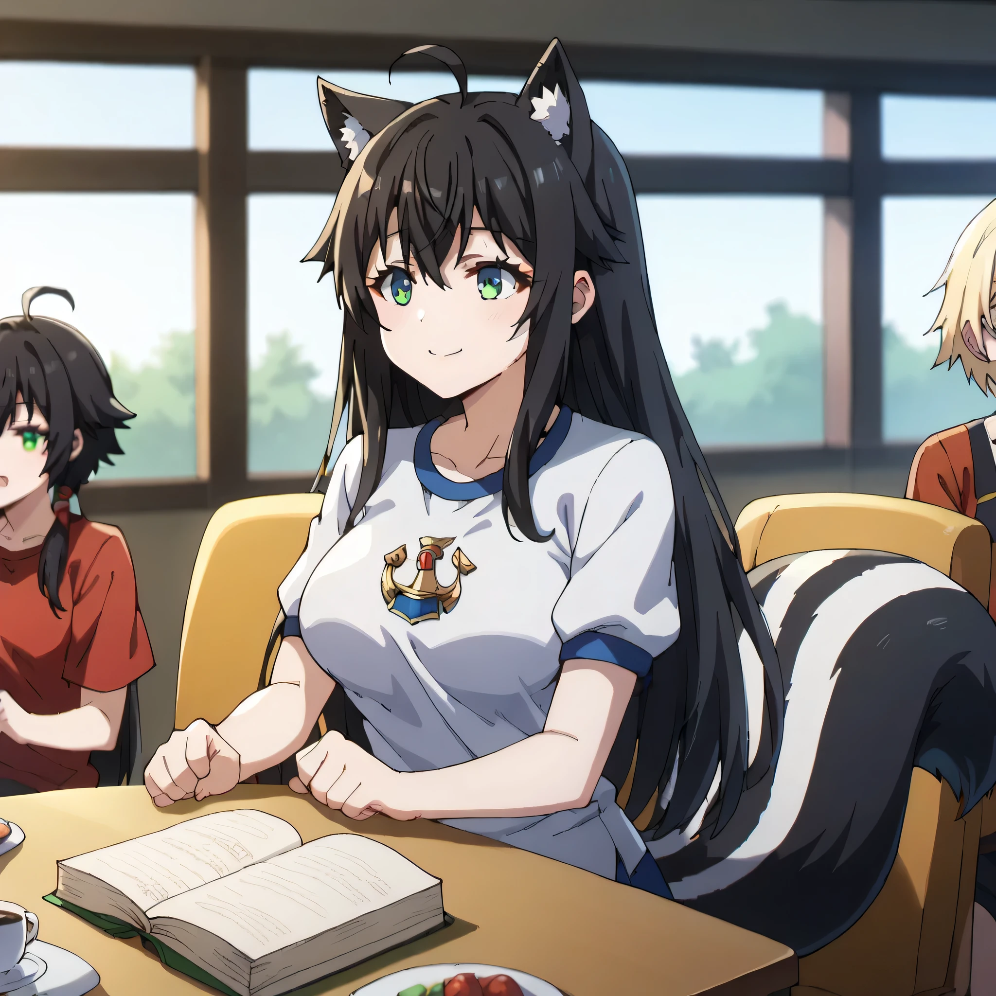 3girls, solo, masterpiece, anime, indoors,cinema, lighty clothes, black hair, long hair, fox ears down, skunk tail, ahoge, hair flaps, smile, green eyes, 1 girl, t shirt outfit, , 1 girl, big breast