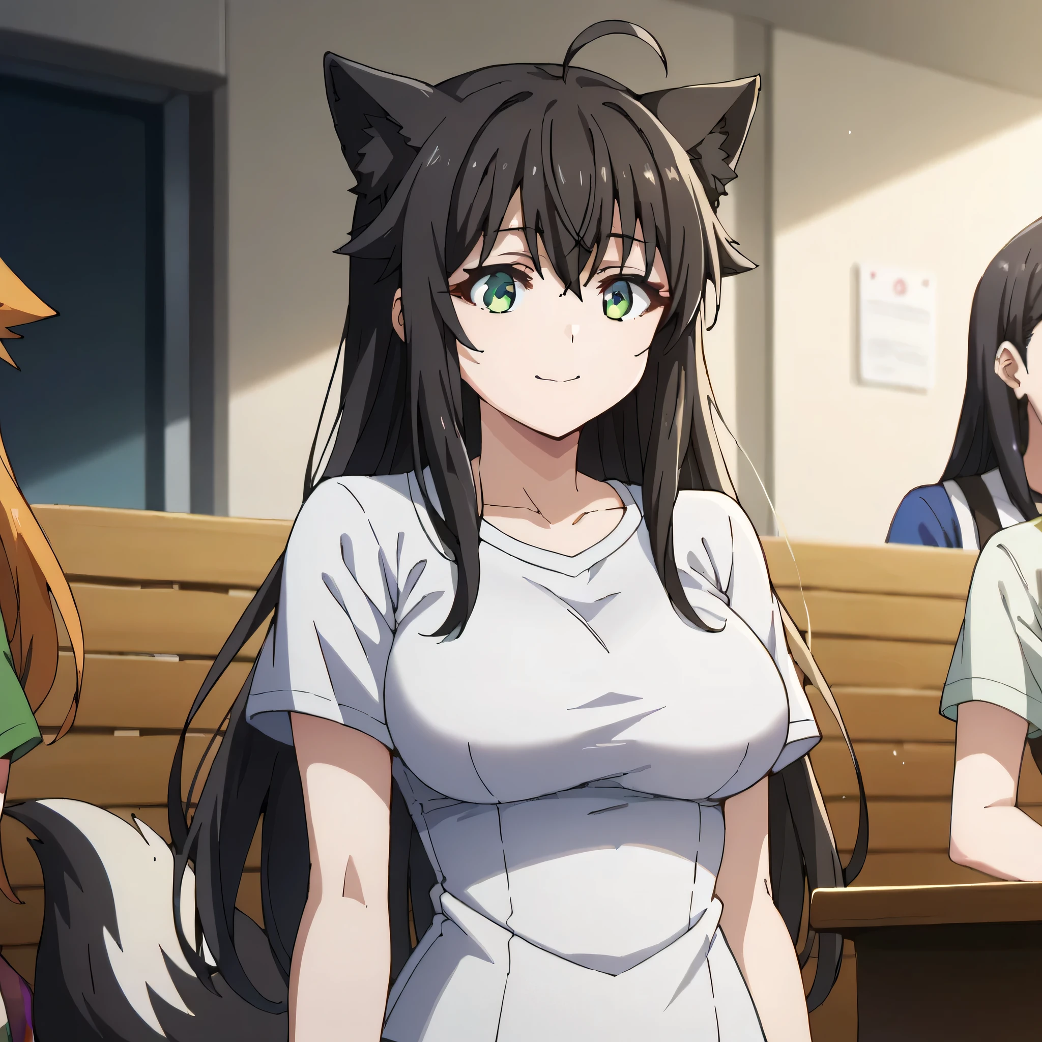 3girls, solo, masterpiece, anime, indoors,cinema, lighty clothes, black hair, long hair, fox ears down, skunk tail, ahoge, hair flaps, smile, green eyes, 1 girl, t shirt outfit, , 1 girl, big breast