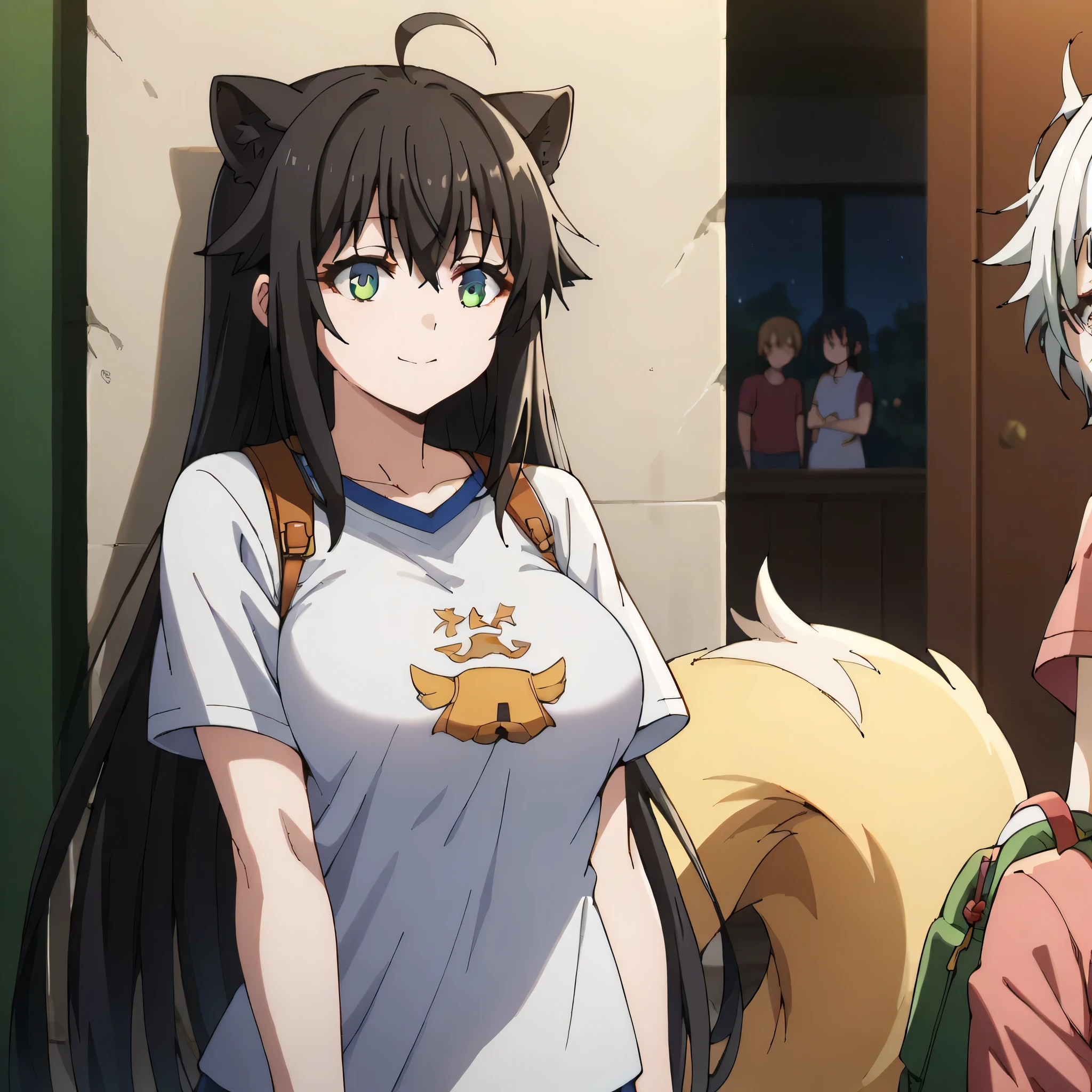 3girls, solo, masterpiece, anime, indoors,cinema, lighty clothes, black hair, long hair, fox ears down, skunk tail, ahoge, hair flaps, smile, green eyes, 1 girl, t shirt outfit, , 1 girl, big breast