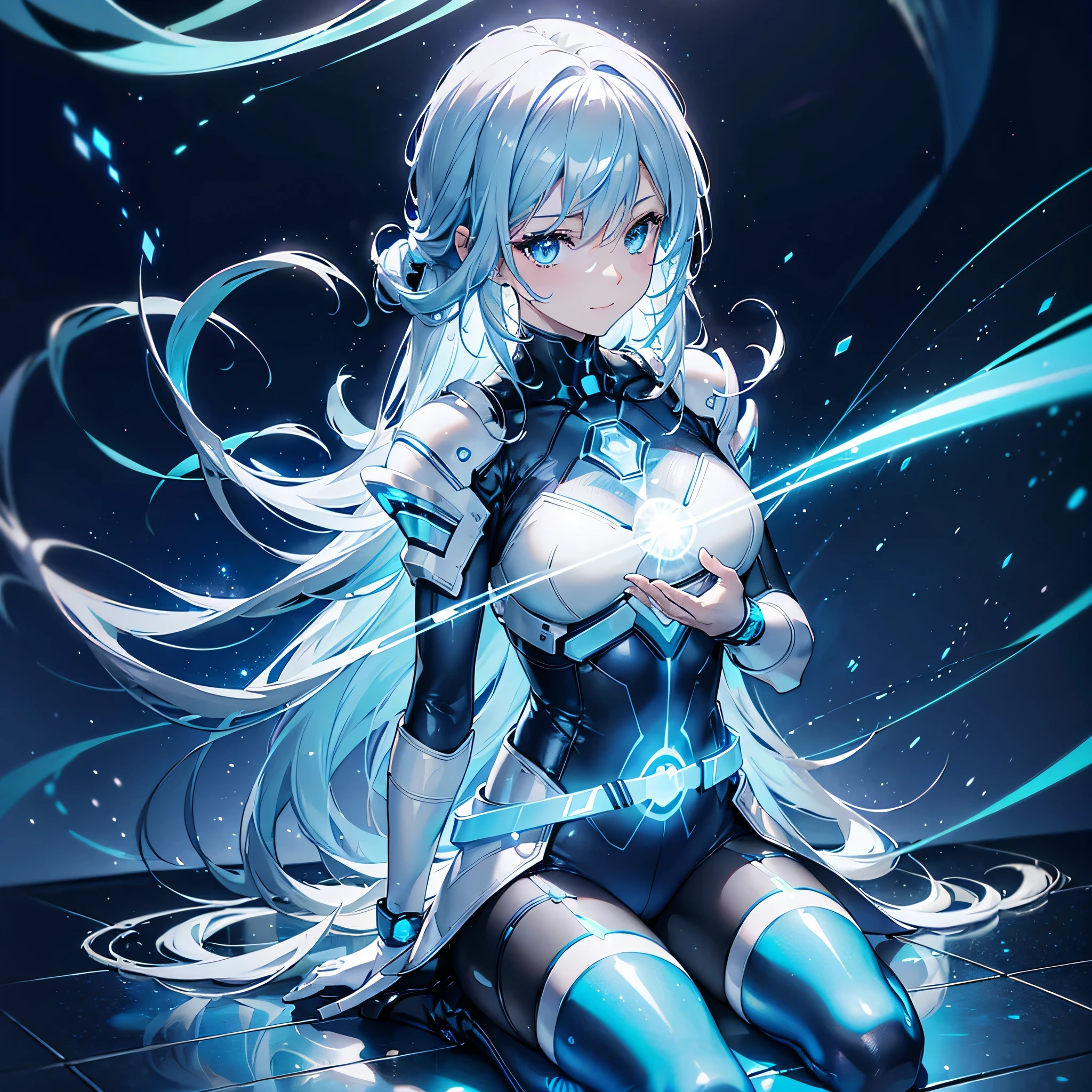 8K, Highest quality, (real:1.4), Original photo, 1 girl, Asari Hair, Biological Amplifier, Very sleek and futuristic armor, posture: Peace talks between warring factions,,attention arousal, smart blue eyes,A modest smile,Knee-high boots,Patent-look blue tights,Blue big moon and blue light swirl in the background,Blue light from behind,blue light magic,A small, glowing blue ball in the palm of your hand,Blue flame swirl,Blue Comet,Polished floor,