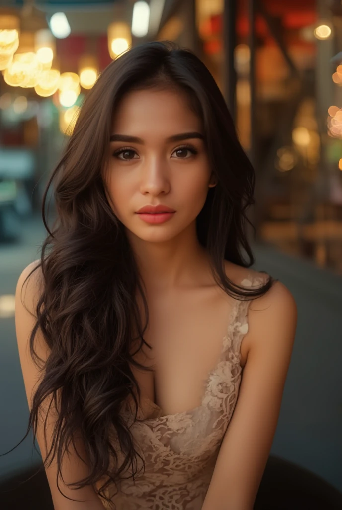 (Best quality, 8k, Masterpiece :1.3)), Sharp focus :1.2, Perfect body beauty: 1.4, Slim abs: 1.2, ((Long Dark brown hair, round breasts: 1.2)), (realistic light, natural lighting: 1.1 ), highly detailed facial and skin textures, detailed eyes, double eyelids, (((Dynamic Angle))), nsfw, 8K raw photo, Best quality, masterpiece, ultra high res, film grain, filmg, 1girl, looking at viewer, natural skin texture, realistic eye and face details, full lips, lipstick, (makeup), "Create a high-quality profile picture of a young Latina woman named Bella Rivera. She is 24 years old, with a softer, curvier build and a warm medium-tan complexion. Bella has an oval-shaped face with high cheekbones, almond-shaped dark brown eyes, and thick, well-groomed eyebrows with a natural arch. Her nose is straight with a slight elegant curve, and she has full lips with a natural pink hue. Bella has a bright, warm smile with subtle dimples, and a small beauty mark above her upper lip on the left side. Her long, wavy hair is deep brown with natural highlights.

In this photo, Bella is wearing a casual yet feminine outfit. She is dressed in a flowy, floral-patterned sundress that highlights her curves and enhances her soft build. The dress has a light, pastel color palette and delicate details such as ruffles or lace. She accessorizes with simple, elegant jewelry like small hoop earrings, a delicate necklace, and a couple of bracelets. Her makeup is natural, with a focus on her bright smile and expressive eyes.

Bella should be standing or sitting in a relaxed and comfortable pose, perhaps holding a cup of coffee or a bouquet of flowers, to enhance the casual and feminine vibe. The background should be a softly blurred outdoor setting, like a park or garden, with natural light highlighting her features and outfit." black pantyhose,
