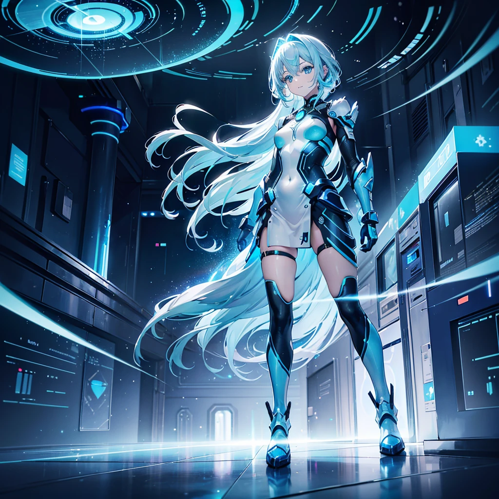 ((Holographic glow effect)),8k, Highest quality, (real:1.4), Original photo, 1 person, Asari Hair, Biological Amplifier, Very sleek and futuristic armor, posture: Peace talks between warring factions,,attention arousal, smart blue eyes,A modest smile,Knee-high boots,Patent-look blue tights,Blue big moon and blue light swirl in the background,Blue light from behind,blue light magic,A small, glowing blue ball in the palm of your hand,Blue flame swirl,Blue Comet,Polished floor,